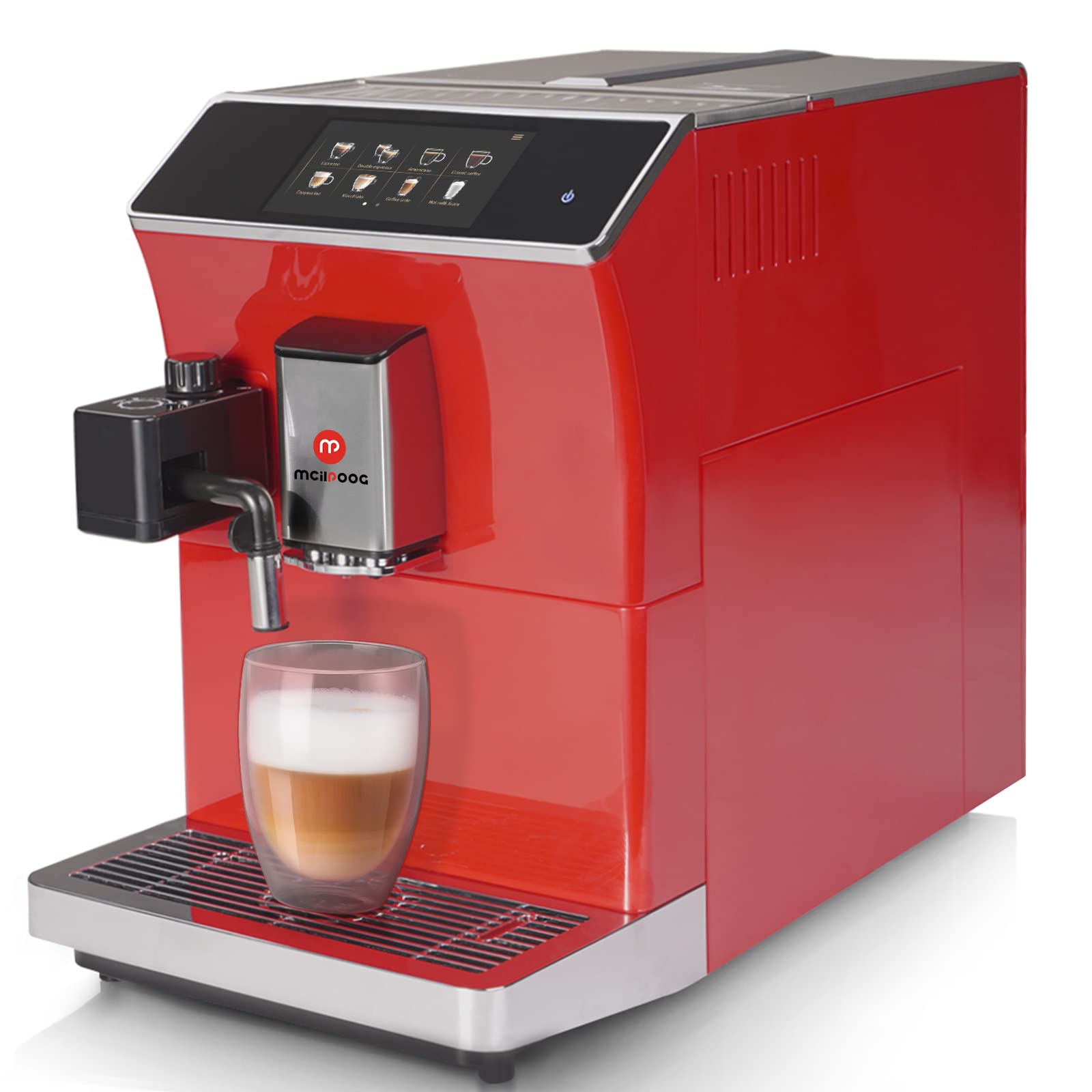 Mcilpoog Super Automatic Espresso Coffee Machine with Built-in Grinder & Milk Frother - 16 Programmable Coffee Recipes, Touch Screen Operation (WS-203 Red) - Perfect for Home, Office & Coffee Shop Use