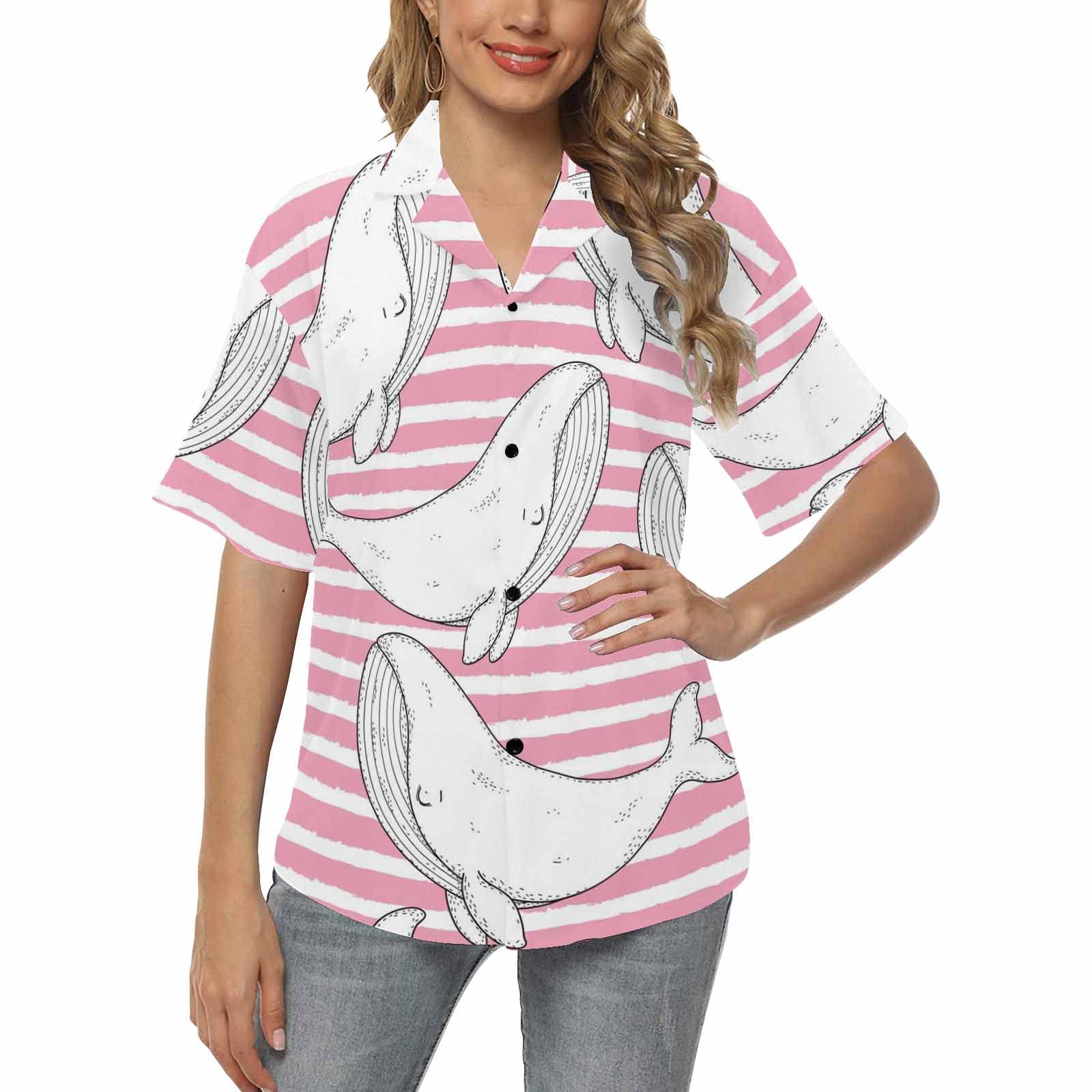 Cartoon Killer Whale Women's Short Sleeve V-Neck Hawaiian Shirt - Loose Fit Button Down Blouse for Beach Vacation & Summer Outfits | InterestPrint