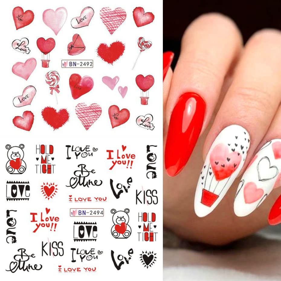 Valentine's Day Nail Art Stickers - Romantic Heart Love Water Transfer Slider Decals for DIY Nails | 12 Sheets with Pink Heart, Bear Kiss & Lips Designs | Perfect for Valentine's Gifts, Bridal Showers & Girls' Night Out