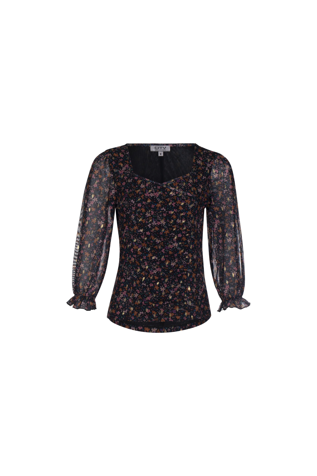 Printed Mesh Sweetheart Neck Top with Multi Foil Flower Design - Women's Fashion Blouse for Party, Date Night & Special Occasions | Style 7242AR