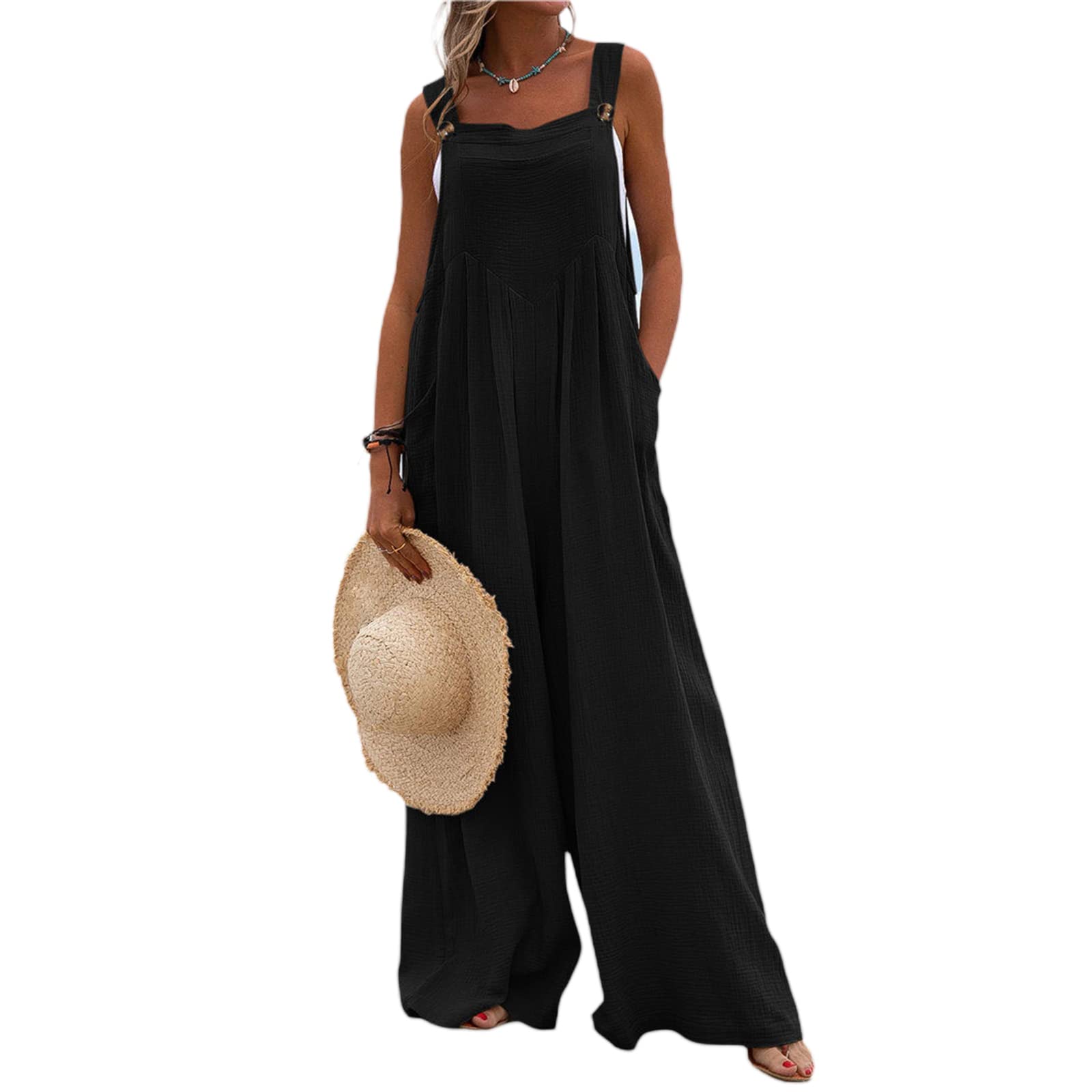 Women's Casual Summer Bib Overalls - Sleeveless Adjustable Wide Leg Jumpsuit with Pockets | Solid Color Loose Fit for Outdoor Activities, Gardening & Beach Wear