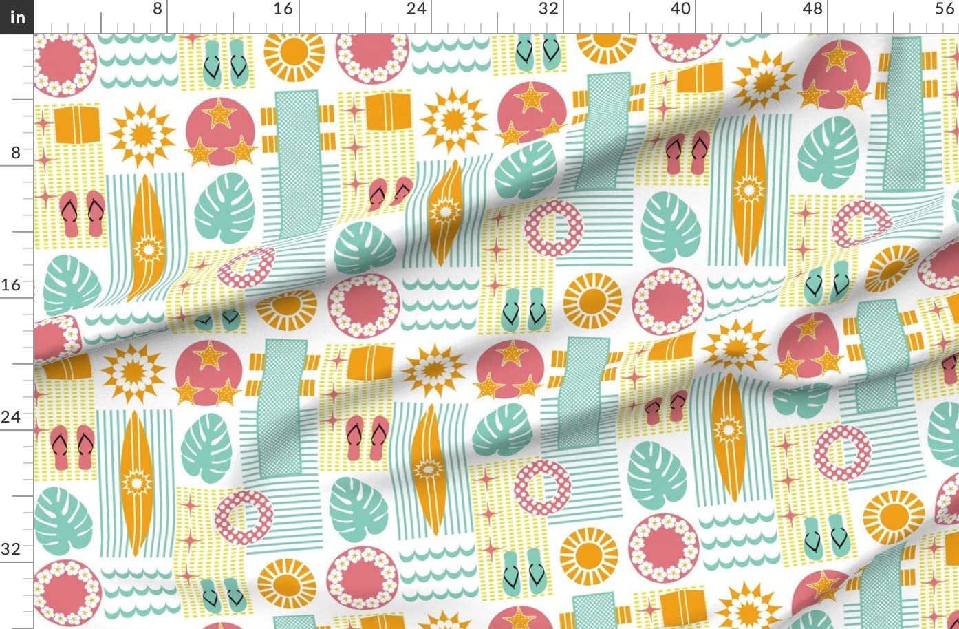 Surf Pool Teal Summer Watermelon Pink Beach Vacation Printed Denim Fabric by The Yard - Bottomweight Cotton for Apparel, Home Decor & Upholstery - Perfect for Beachwear, Summer Dresses, Curtains & Throw Pillows