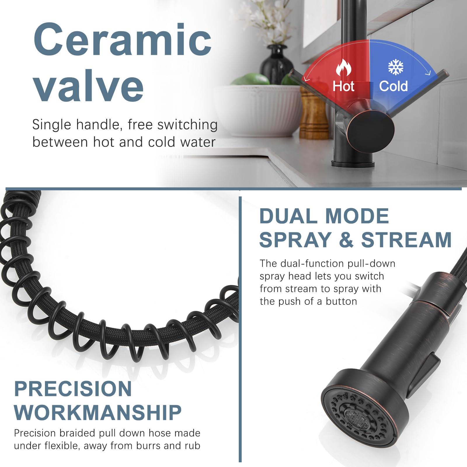 Oil Rubbed Bronze Kitchen Faucet - Commercial Single Handle Pull Down Sprayer Faucet for Sink, Single Hole Mount, Vintage Style (Perfect for Restaurant, Bar & Home Kitchen Use)