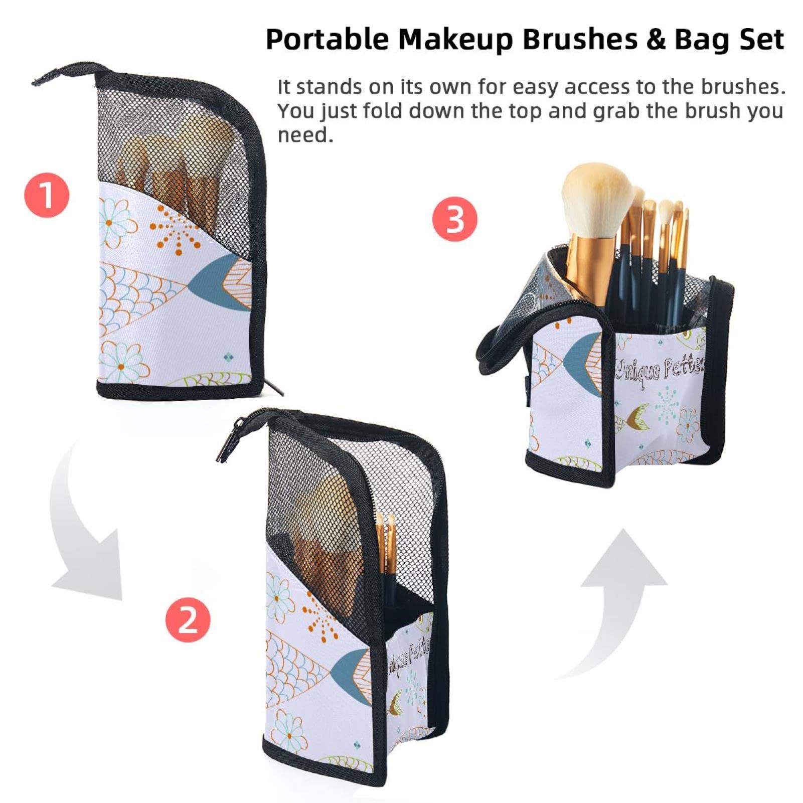 12-Piece Makeup Brush Organizer Bag with Fish Pattern Hand Drawn Design - Portable Cosmetic Brush Holder Case for Travel, Home & Professional Makeup Artists