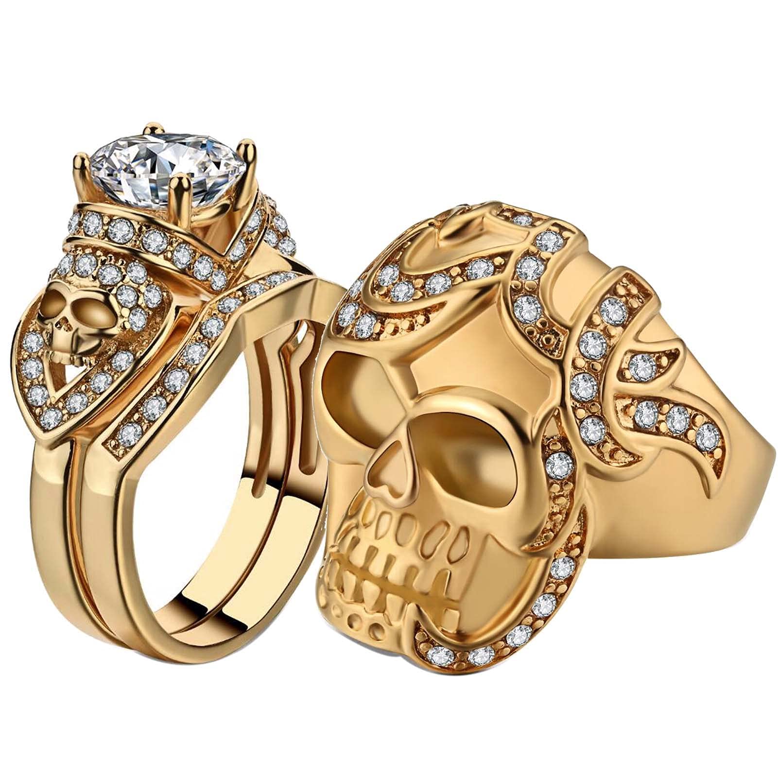 Gothic Skull Couple Rings for Men & Women - AAA Cubic Zirconia Punk Wedding Bands in Black with Red CZ Stones | Perfect for Gothic Weddings, Punk Fashion, and Alternative Lifestyle Jewelry
