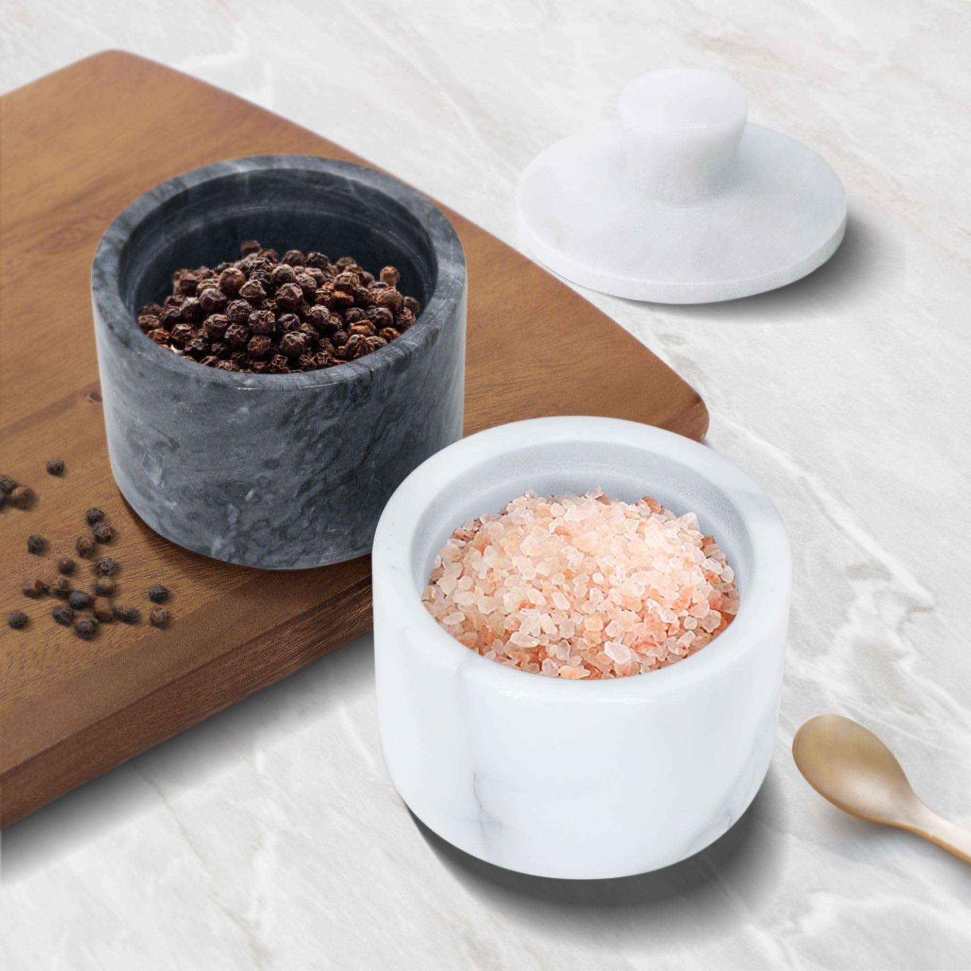 Premium Marble Salt Cellar with Lid - Airtight Spice Container for Salt, Pepper & Herbs | Elegant Marble Jewelry Box for Rings, Watches & Accessories | Perfect for Kitchen, Dining Table & Vanity Organizer (Black)