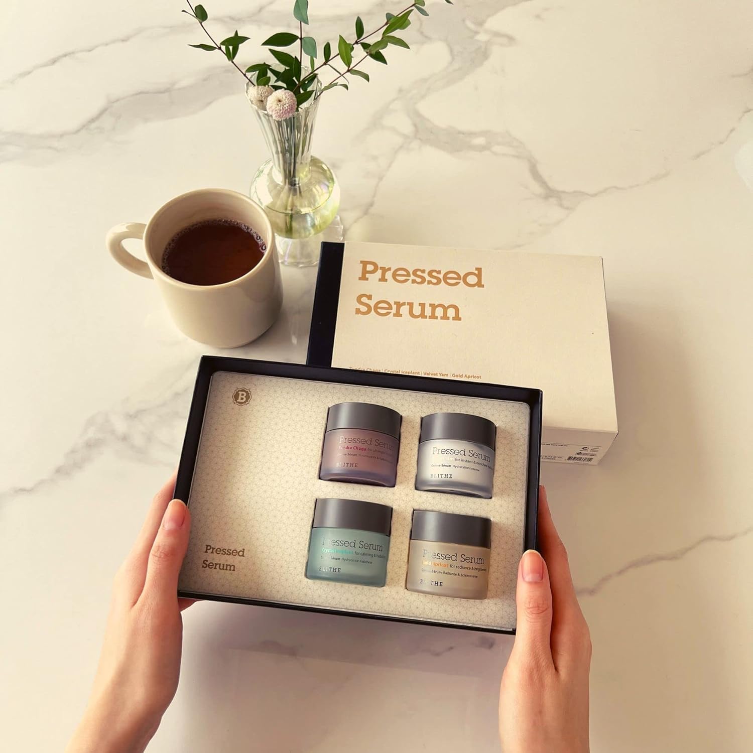 Blithe Pressed Serum Deluxe Collection - Hypoallergenic Korean Face Moisturizer with Chaga, Iceplant, Yam & Apricot - 4pc Box Set (0.74 Fl Oz Each) for Dry, Sensitive Skin - Day & Night Hydration for All Seasons