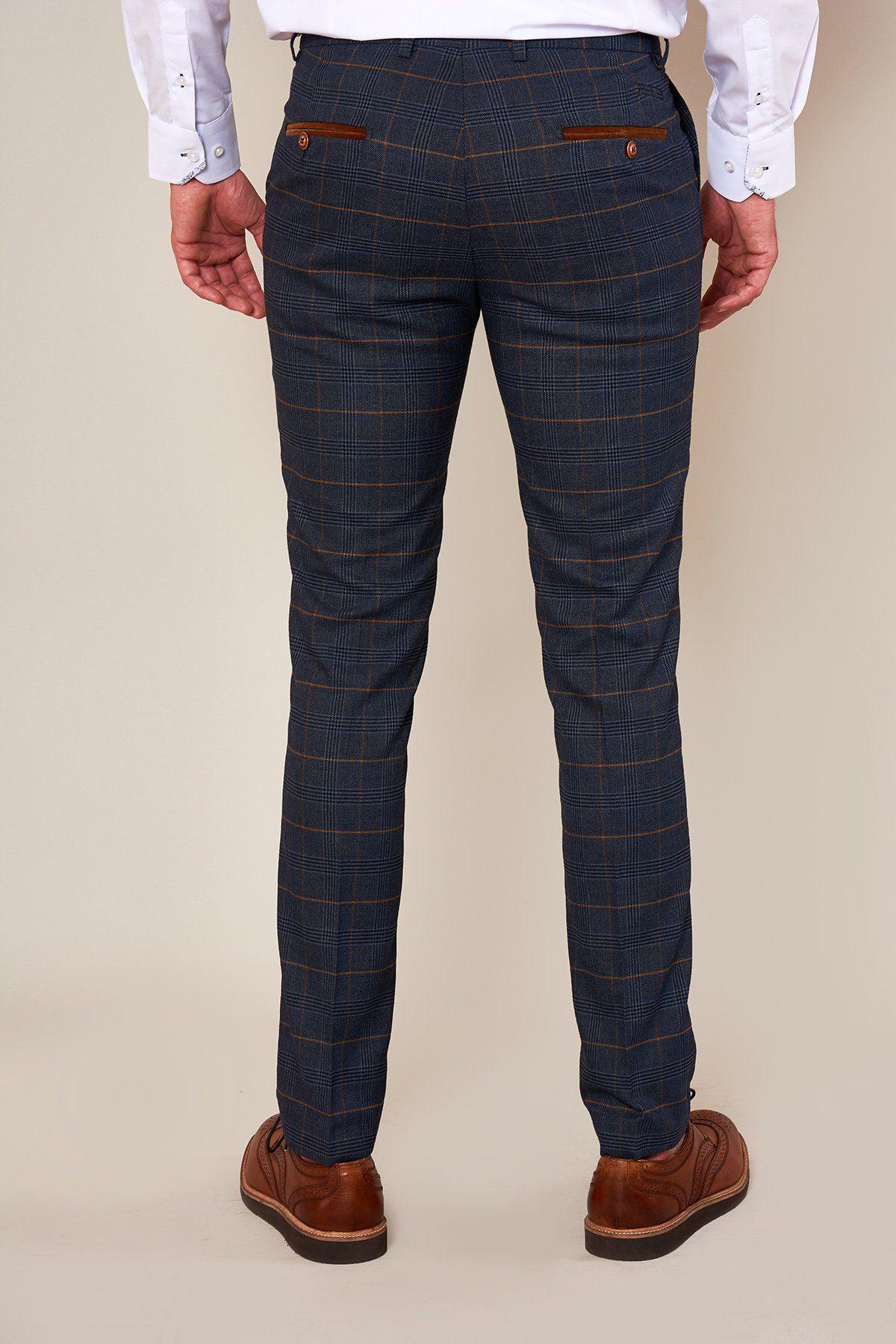 JENSON Skinny Fit Marine Navy Check Trousers for Men - Slim Stretch Dress Pants for Office, Business & Formal Occasions