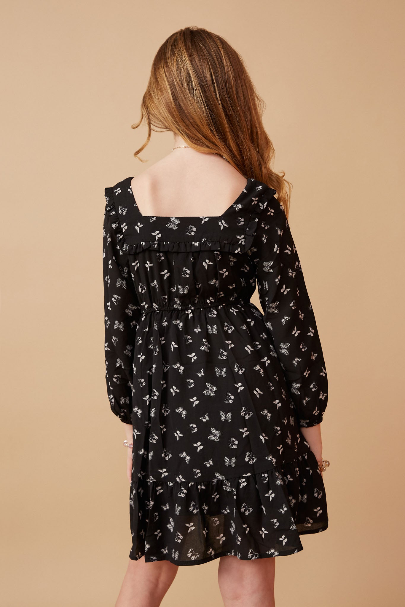 Butterfly Print Square Neck Ruffled Dress - Floral Summer Dress for Women, Casual & Party Wear, Perfect for Beach, Vacation, and Date Nights