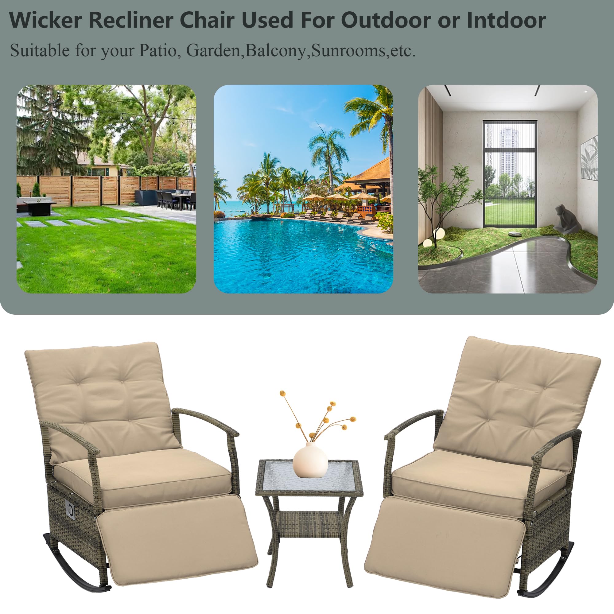 **Outdoor Rocking Chairs Adjustable Rattan Recliner - PE Wicker Patio Furniture Set with Thick Cushions & Removable Glass Tabletop, Beige - Perfect for Garden, Poolside, and Backyard Relaxation**
