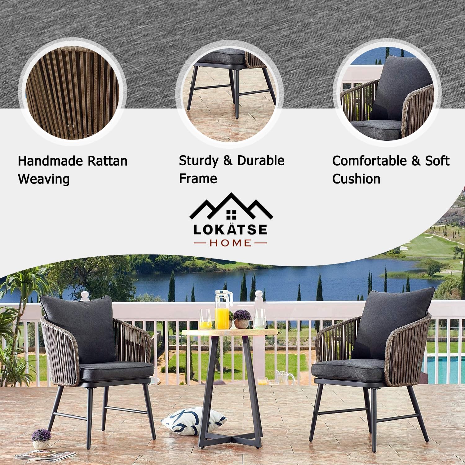LOKATSE HOME 3-Piece Outdoor Patio Rattan Wicker Bistro Set with Table - Grey Balcony Furniture for Porch, Garden, Poolside & Backyard Relaxation