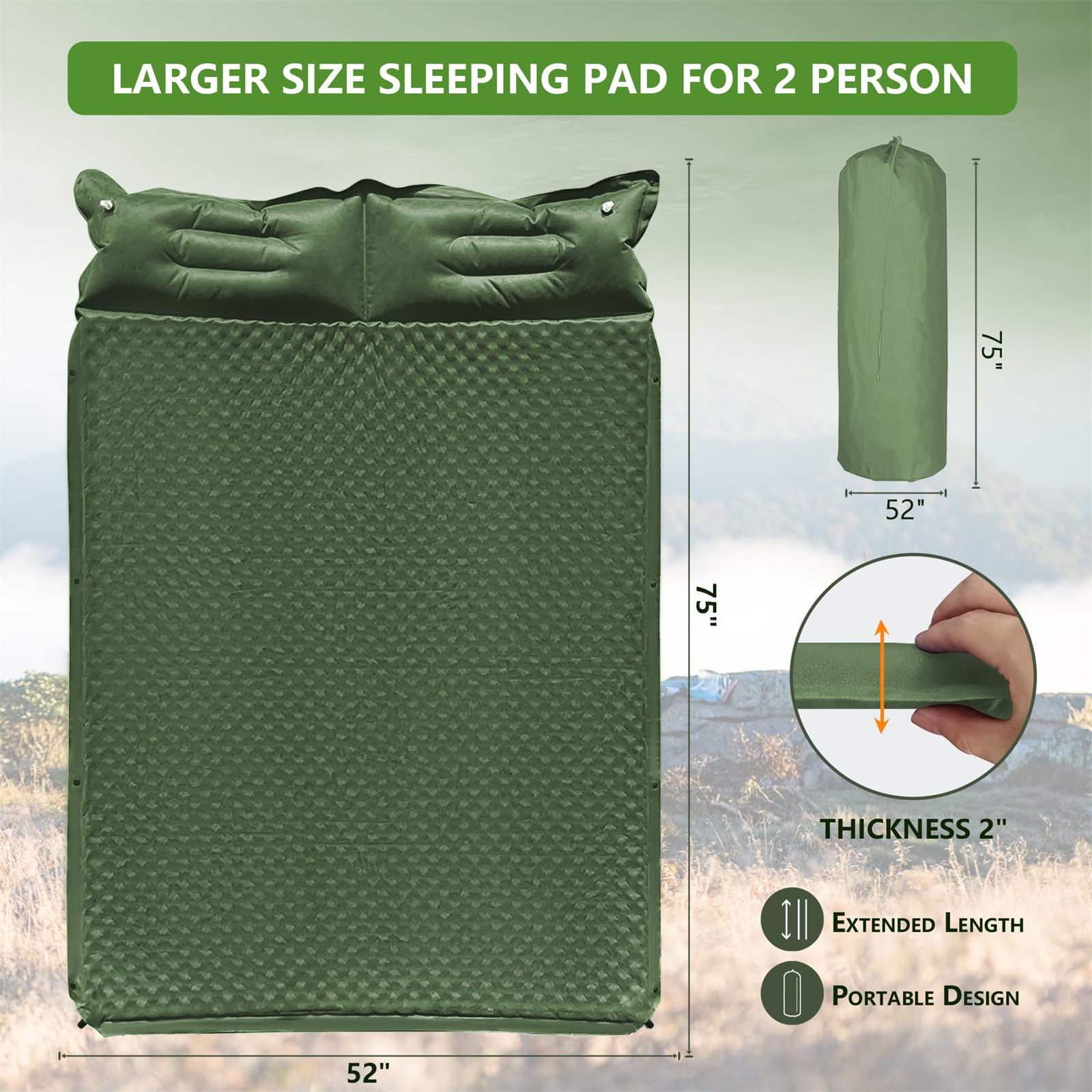 WILD FUN Double Sleeping Pad - 2in Thick 2-Person Camping Mattress with Pillow, 5R Suede Insulated Self-Inflating Air Mattress for Backpacking, Hiking & Outdoor Adventures (Deep Green) - Perfect for Couples Camping, RV Trips & Backcountry Exploration