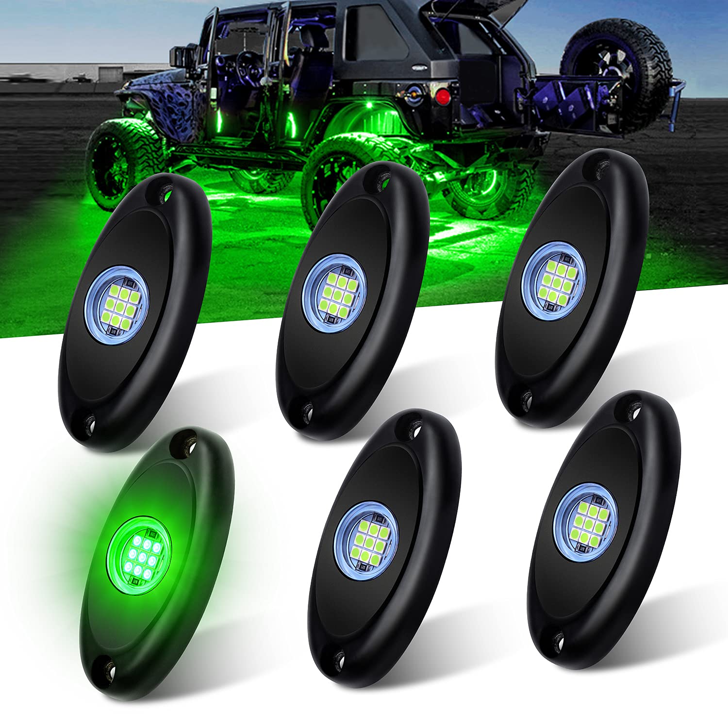 FUGUANG 6-Pod Waterproof Green LED Rock Lights for Car Underbody, Interior & Exterior Decoration | Underglow LED Kit for Jeep, Truck, SUV, ATV & Boat (6-Piece Set) - Perfect for Off-Road Adventures & Nighttime Customization
