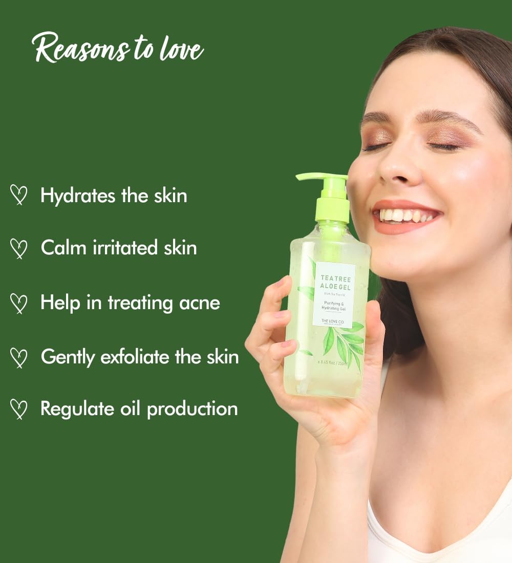 THE LOVE CO Aloe Vera & Tea Tree Oil Gel - 250ml | Natural Acne Treatment & Skin Soothing Moisturizer | Hydrating Face and Body Gel for Dry, Sensitive Skin | Perfect for Daily Skincare Routine & Post-Sun Care
