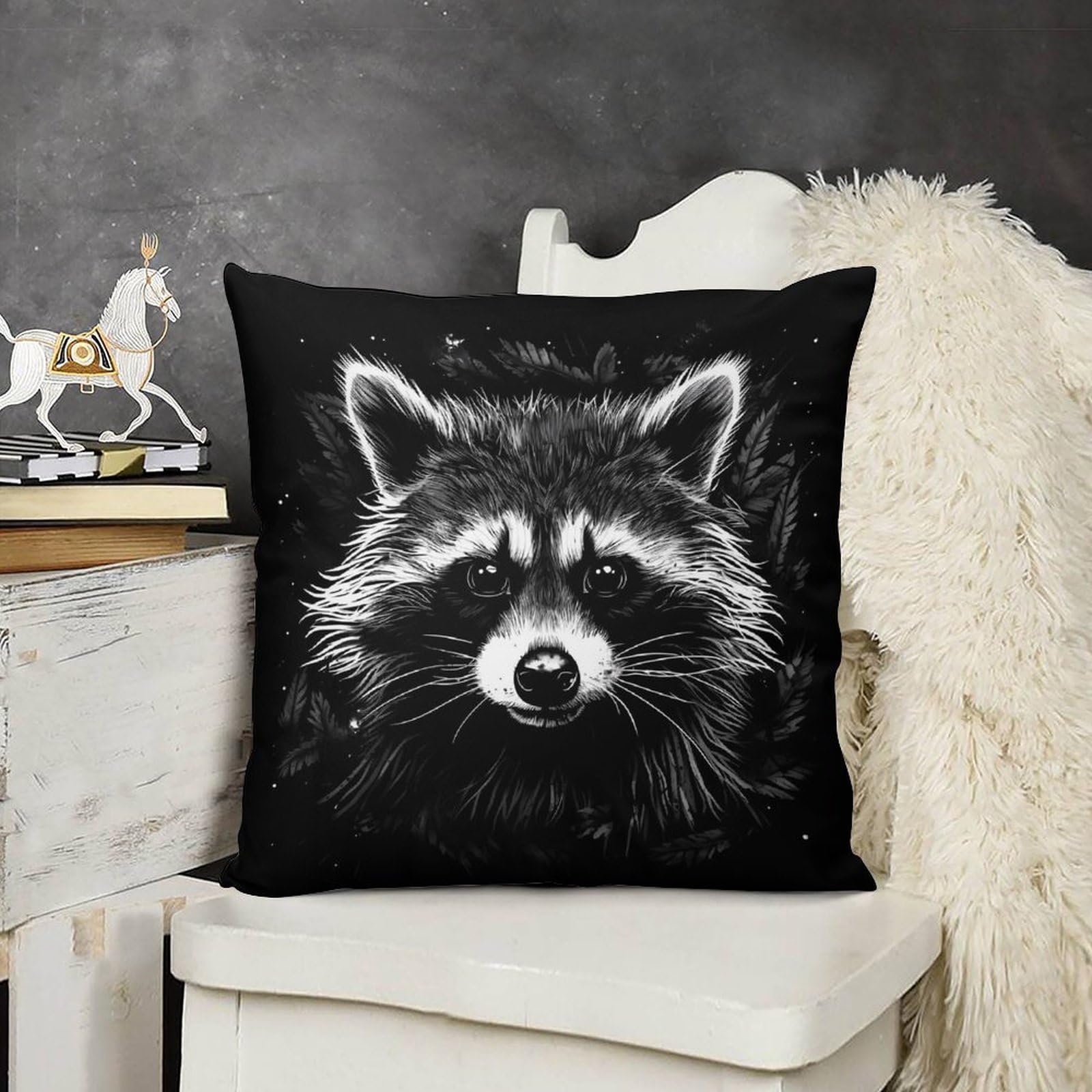 Soft Black Plush Raccoon Portrait Pillow Covers - Set of 4 (12x12 Inches) for Sofa, Bed & Home Decor | Cozy Cushion Cases for Living Room, Nursery & Gifts