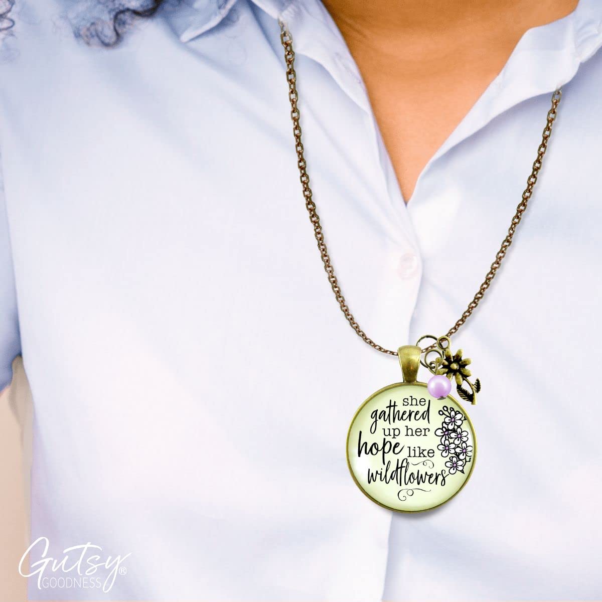 She Gathered Hope Wildflower Inspirational Necklace - Faith Jewelry with 24