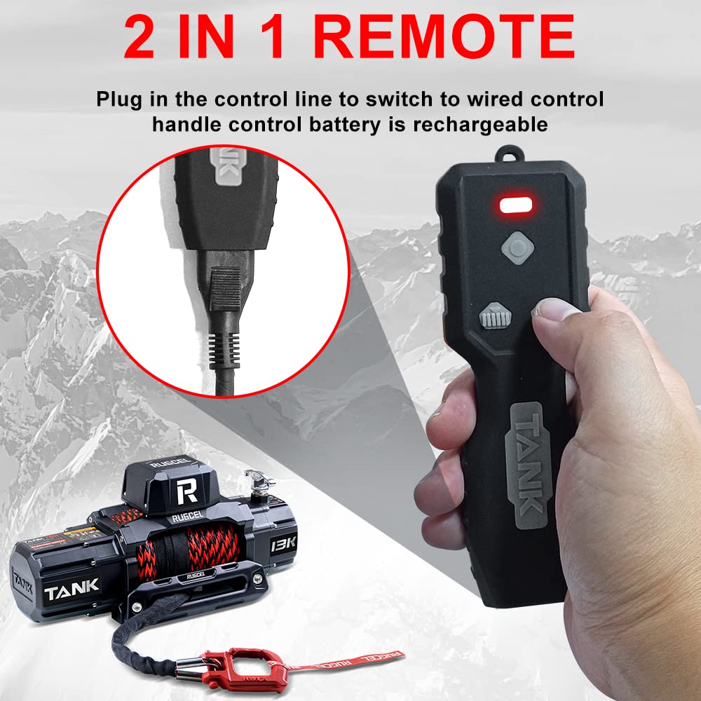 RUGCEL 13500lb Waterproof 12V Electric Winch with Synthetic Rope - Wireless & Wired Remote Control, Hawse Fairlead, Dual Color Rope for Trucks & SUVs - Off-Road Recovery, Towing, and Heavy-Duty Pulling