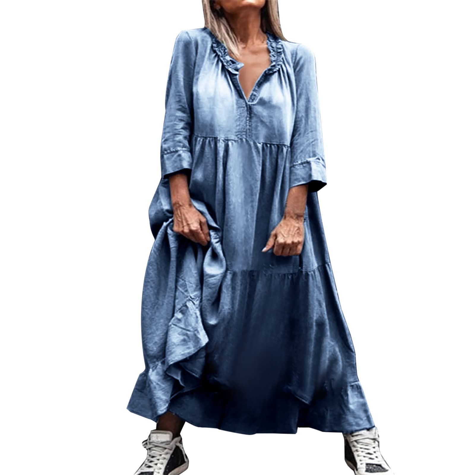 Women's Denim Maxi Shirt Dress - Loose Casual Long Sleeve V-Neck Pullover Summer Dress for Everyday Wear, Beach Outings & Date Nights