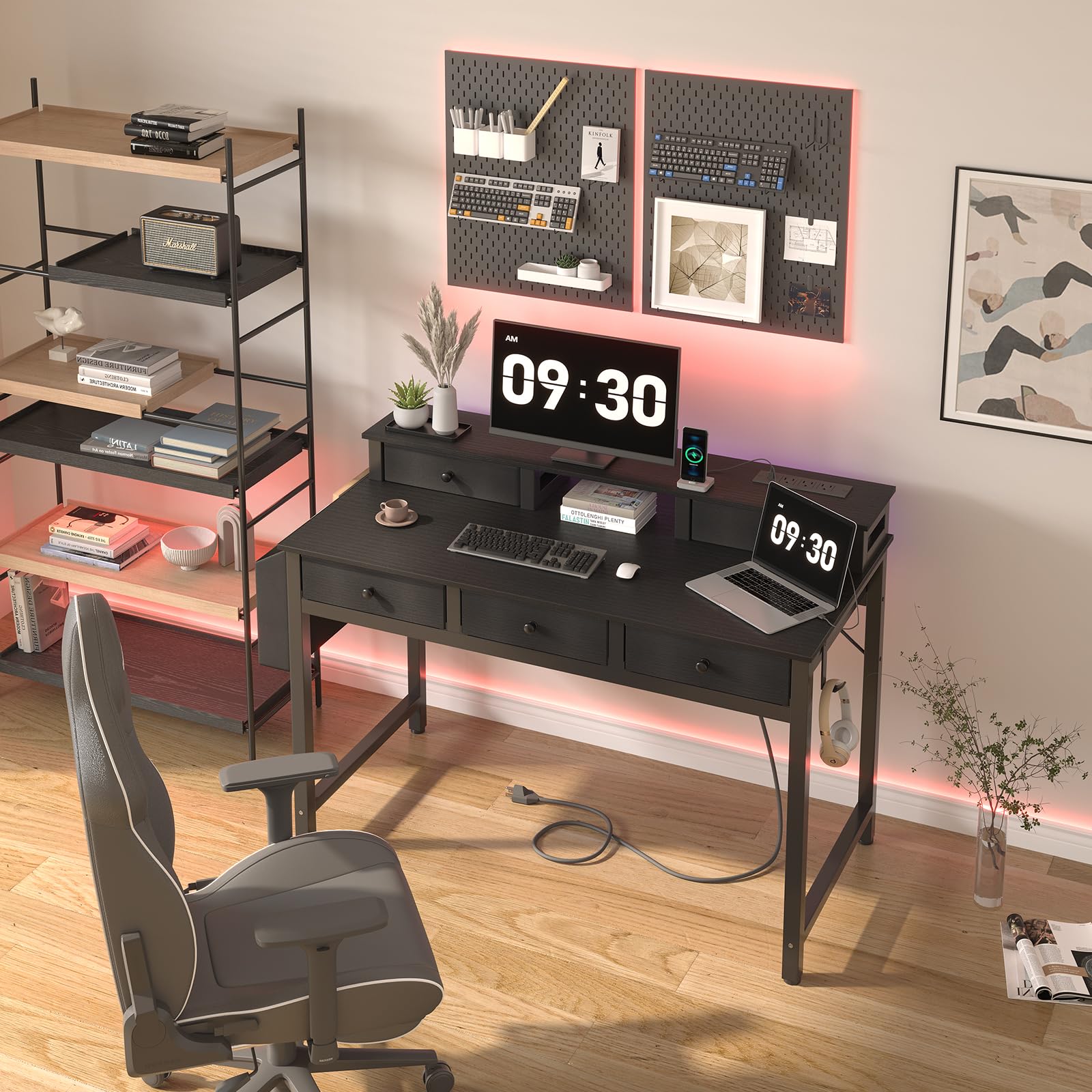 Lufeiya 40 Inch Black Computer Desk with Drawers - Home Office Desk with Storage, Power Outlet & Monitor Stand - Study Desk for Bedroom, Gaming & Workstation Use
