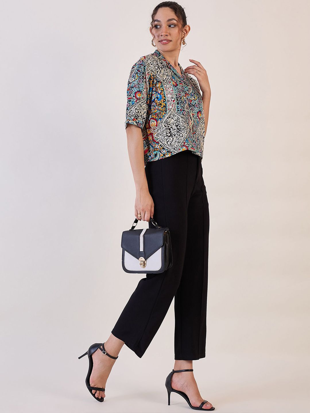 Stylish Multicolor Notch Collar Boxy Blouse for Women - Trendy Loose Fit Tunic Top for Casual Outings & Office Wear