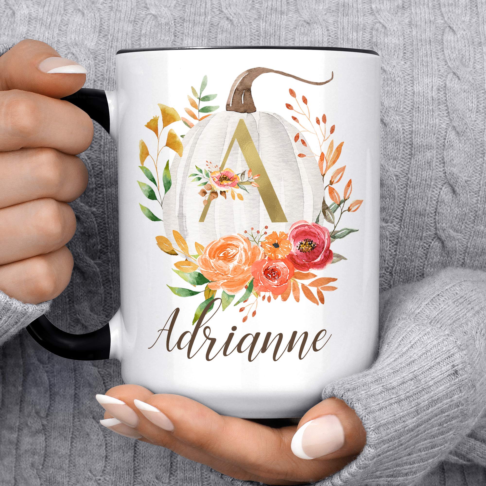 Personalized Pumpkin Coffee Mug - Fall Autumn Flowers Monogram Ceramic Cup | Microwave & Dishwasher Safe | Perfect for Thanksgiving, Halloween & Cozy Home Decor