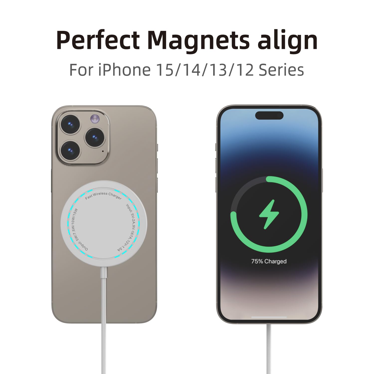 15W Max Fast Magnetic Wireless Charger Pad for iPhone 15/14/13/12 - White with USB-A Converter | Qi-Certified Charging Station for Home, Office & Car