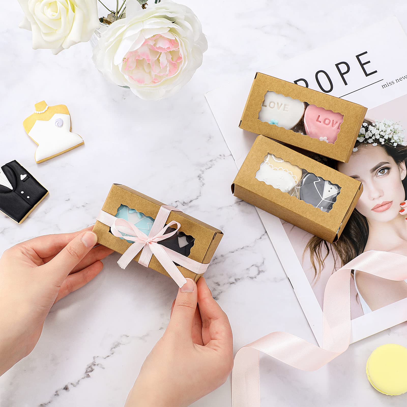 100 Pcs Kraft Paper Macaron Boxes with Clear Window - 4.17 x 2.17 x 1.38 Inch Small Bakery Packaging for Desserts, Candy, Cake | Perfect for Macarons, Pastries, Cookies & Gift Packaging