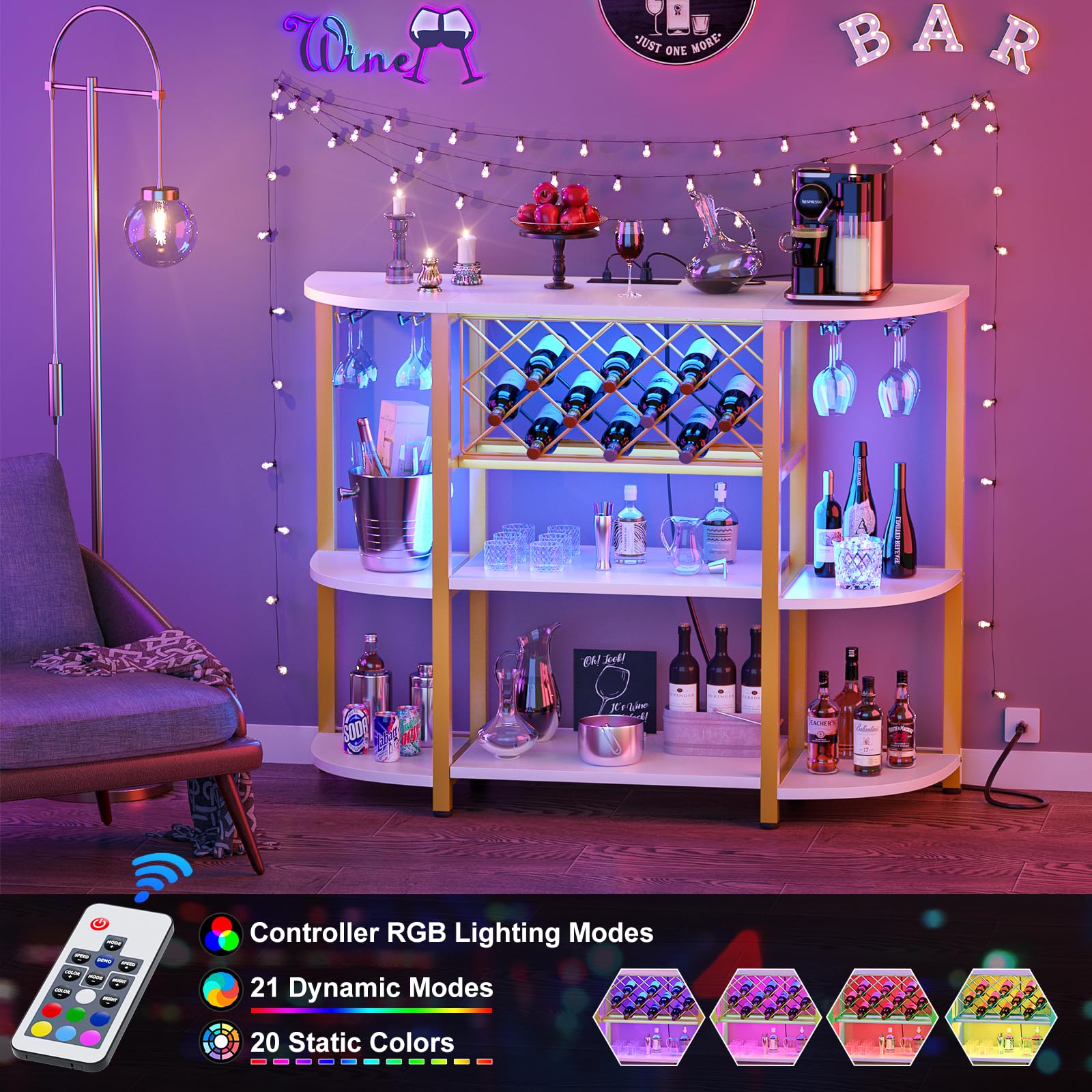 Premium 4-Tier Metal Coffee Bar Cabinet with Power Outlet & LED Lights - Freestanding Kitchen Bar Table with Glass Holder & Wine Storage - Elegant White & Gold Baker's Rack for Dining Room, Living Room & Home Bar Decor