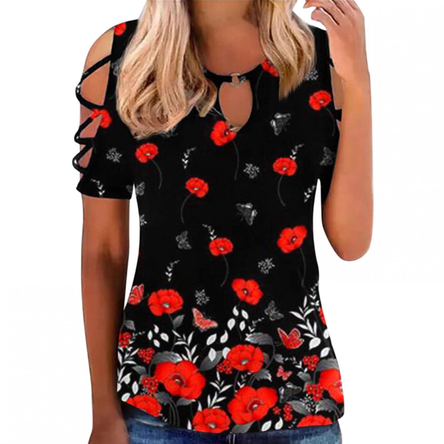 Sexy Summer Tops for Women - Floral Print Hollow Out Short Sleeve Blouse with Keyhole Design | Casual Tunic Shirt for Beach, Party & Date Night Outfits