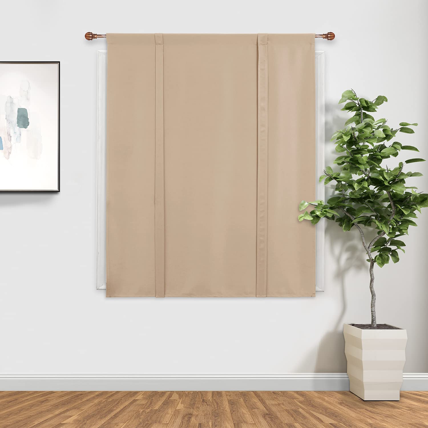 DWCN Blackout Curtains - Thermal Insulated Room Darkening Window Curtains with Rod Pocket & Tie-Up Shades, Beige, 42x45 Inches (1 Panel) - Perfect for Kitchen, Bedroom & Home Theater Light Control