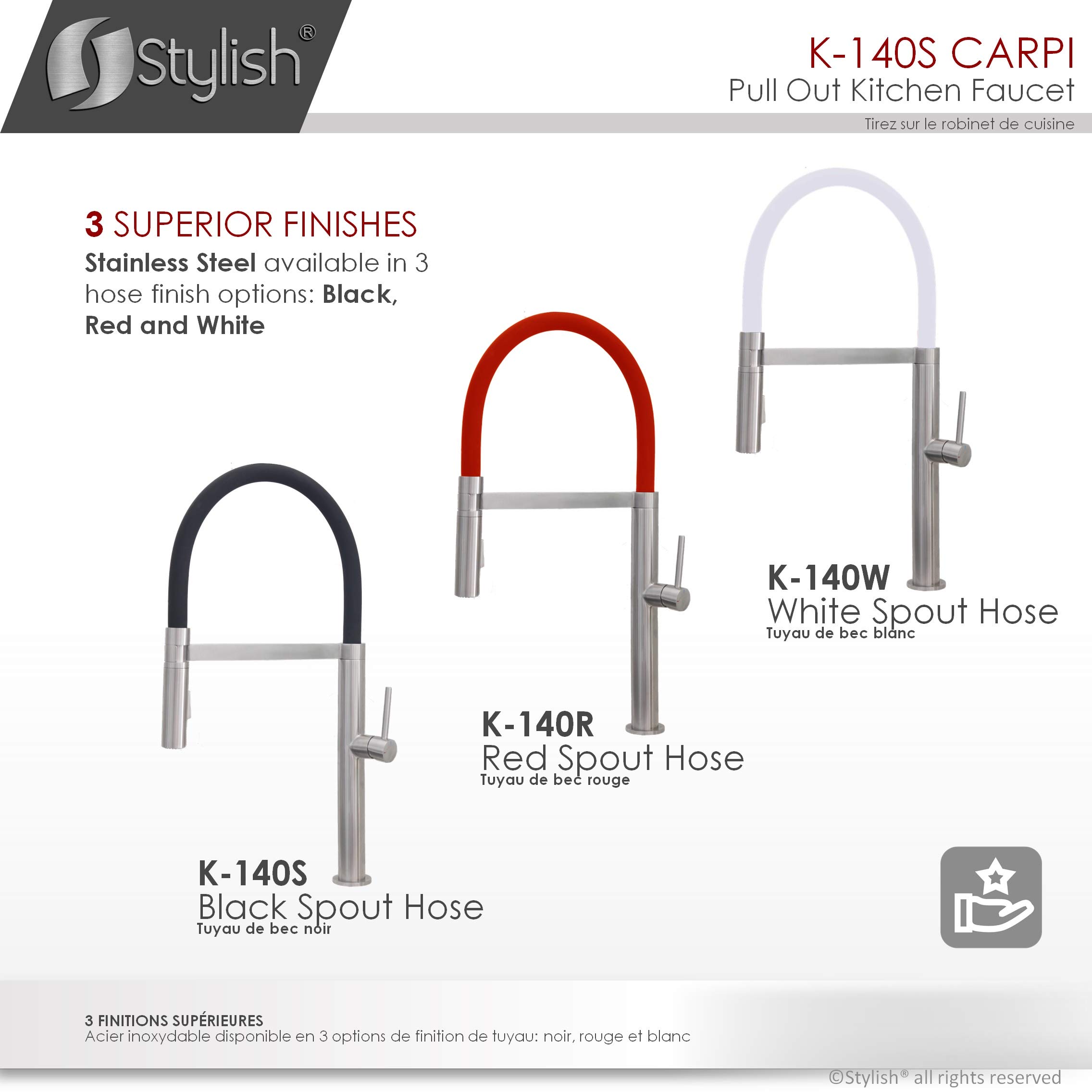 Stylish Pull-Out Kitchen Faucet with Sprayer - Brushed Stainless Steel Single Handle Sink Faucet, Dual Function with Silicone Black Hose, Ceramic Cartridge & Aerator (Model K-140S) - Perfect for Modern Kitchens, Dishwashing & Food Prep