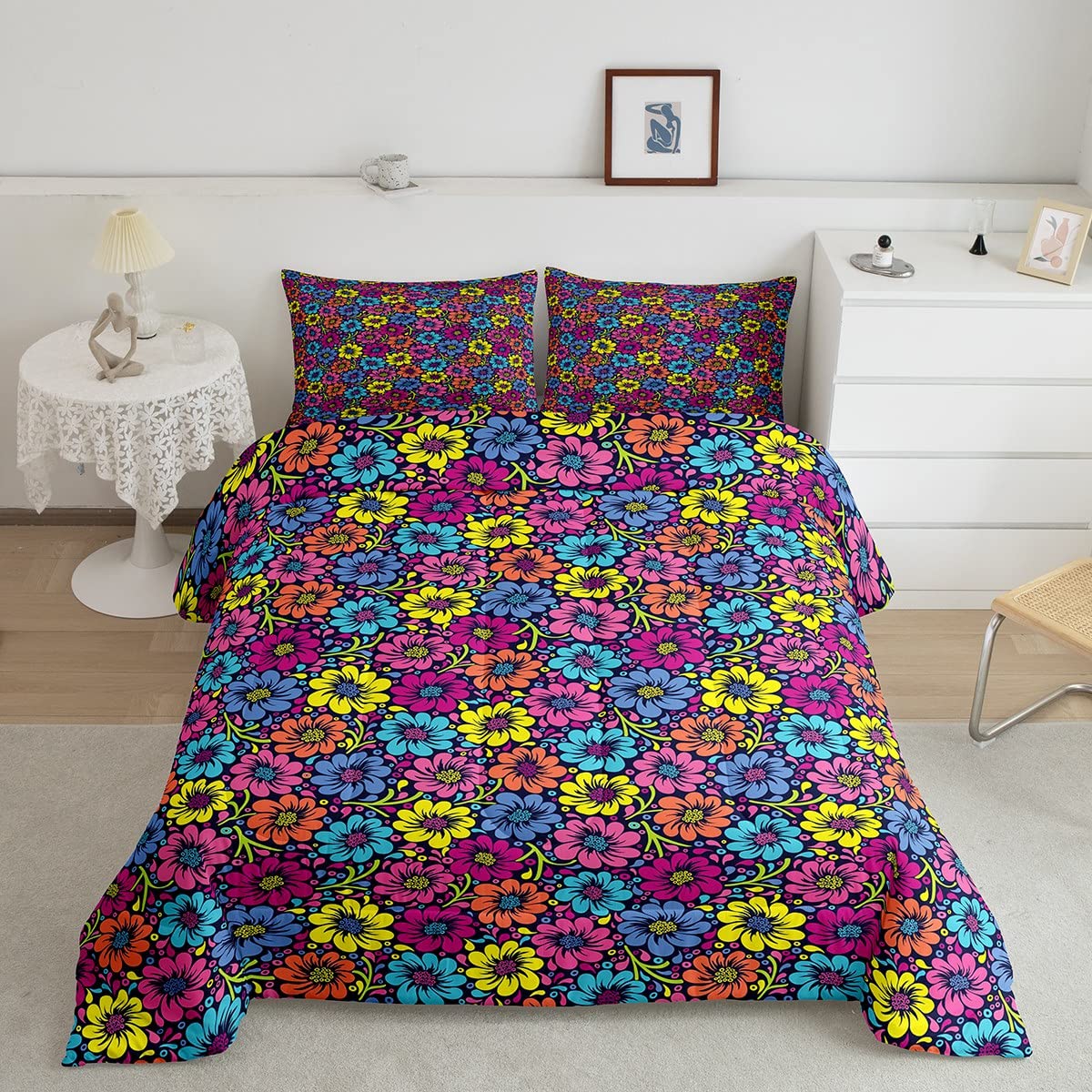 Feelyou Floral Bedding Set Queen Size - Traditional Flower Pattern Comforter Set with Inner Fill, Bright Boho Style Decor for Kids, Girls & Boys in Purple & Blue | Perfect for Bedroom Decor, Kids' Room, and Boho Chic Home Styling