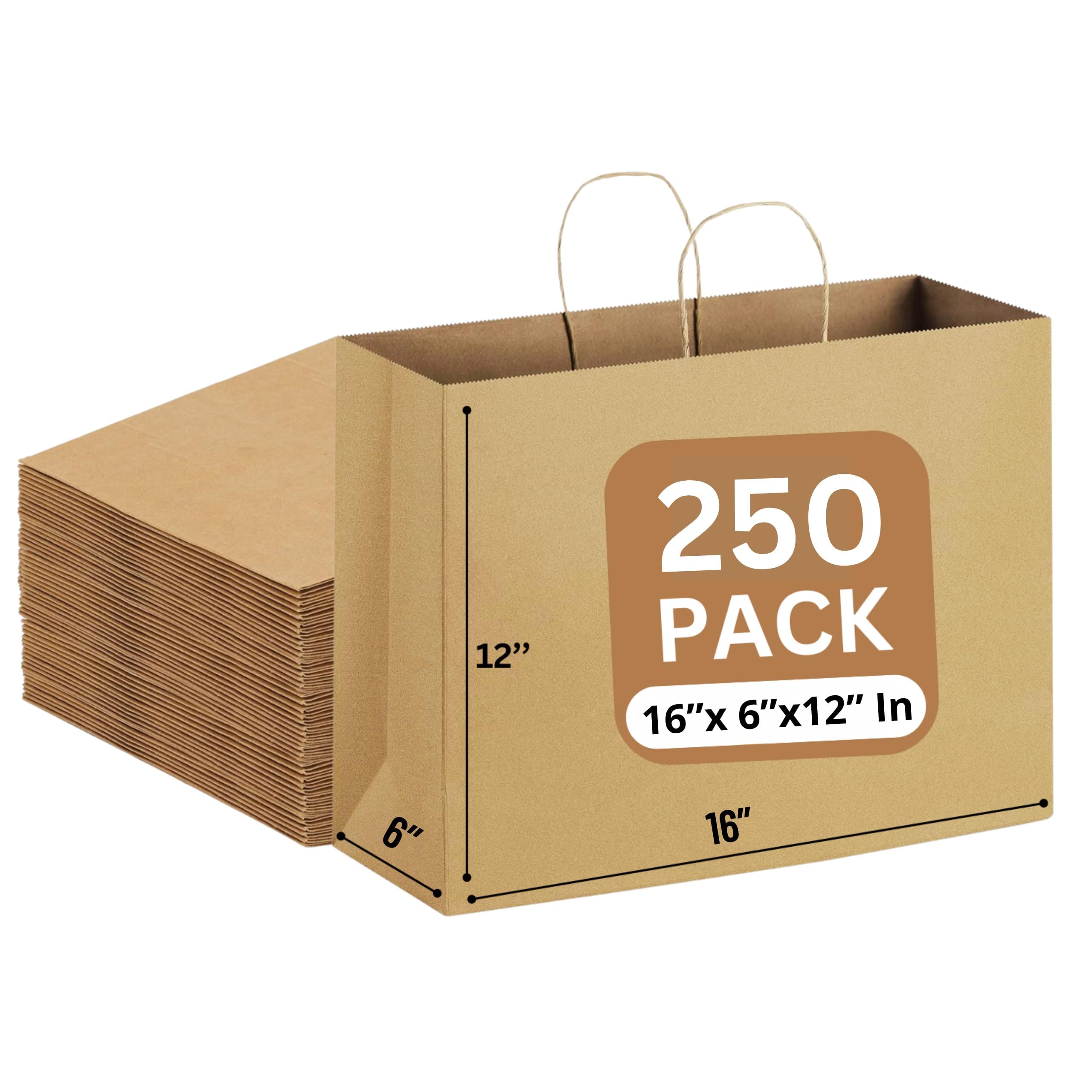 JET PAPER BAGS - 16x6x12 Inches [250 Pack] Large Brown Kraft Paper Bags with Handles for Takeout, Grocery, Retail, Parties, Gifts & Weddings - Eco-Friendly Recyclable Gift Bags - Perfect for Food Delivery, Shopping, Birthday Favors & Wedding Decorations