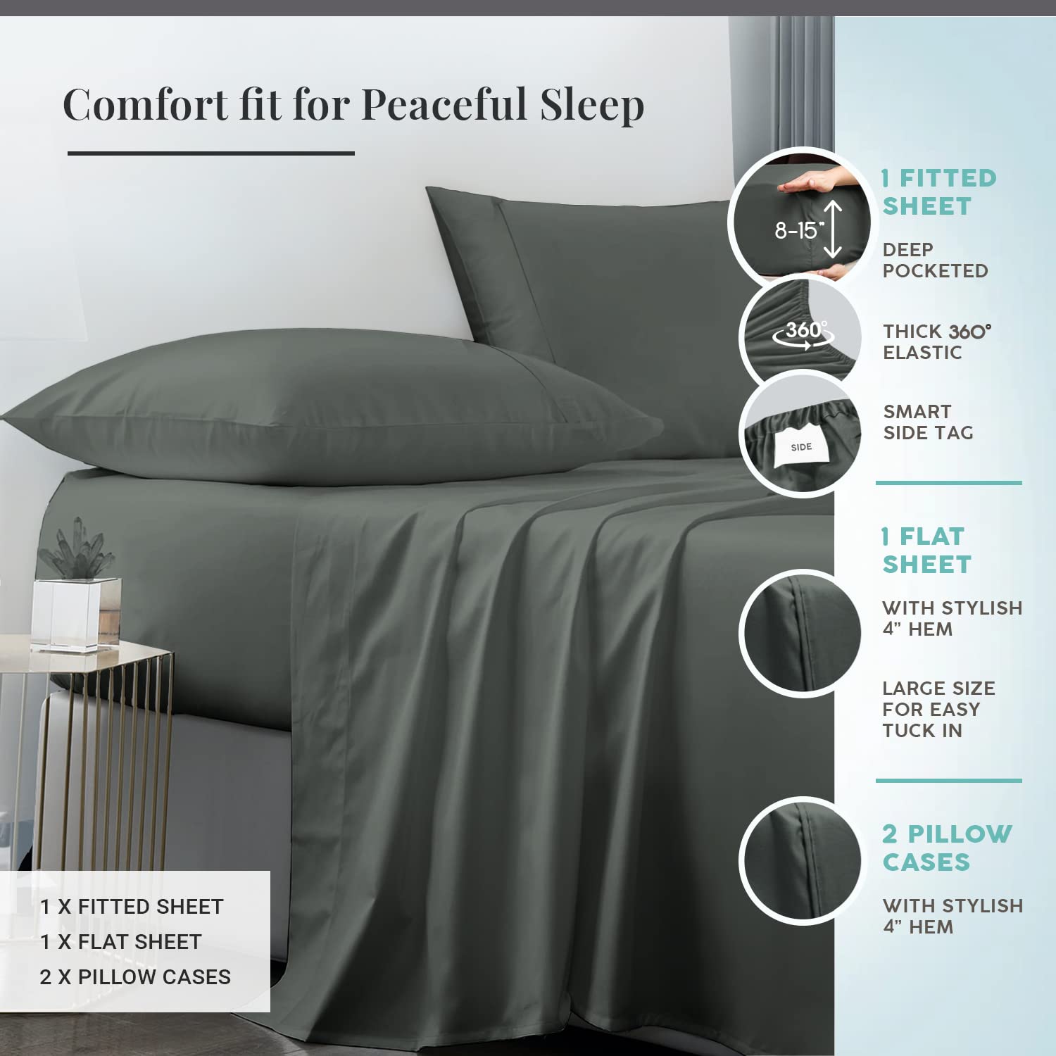 Pizuna Pure 100% Cotton Split King Sheets - 600 Thread Count Long Staple Sateen Weave with 15