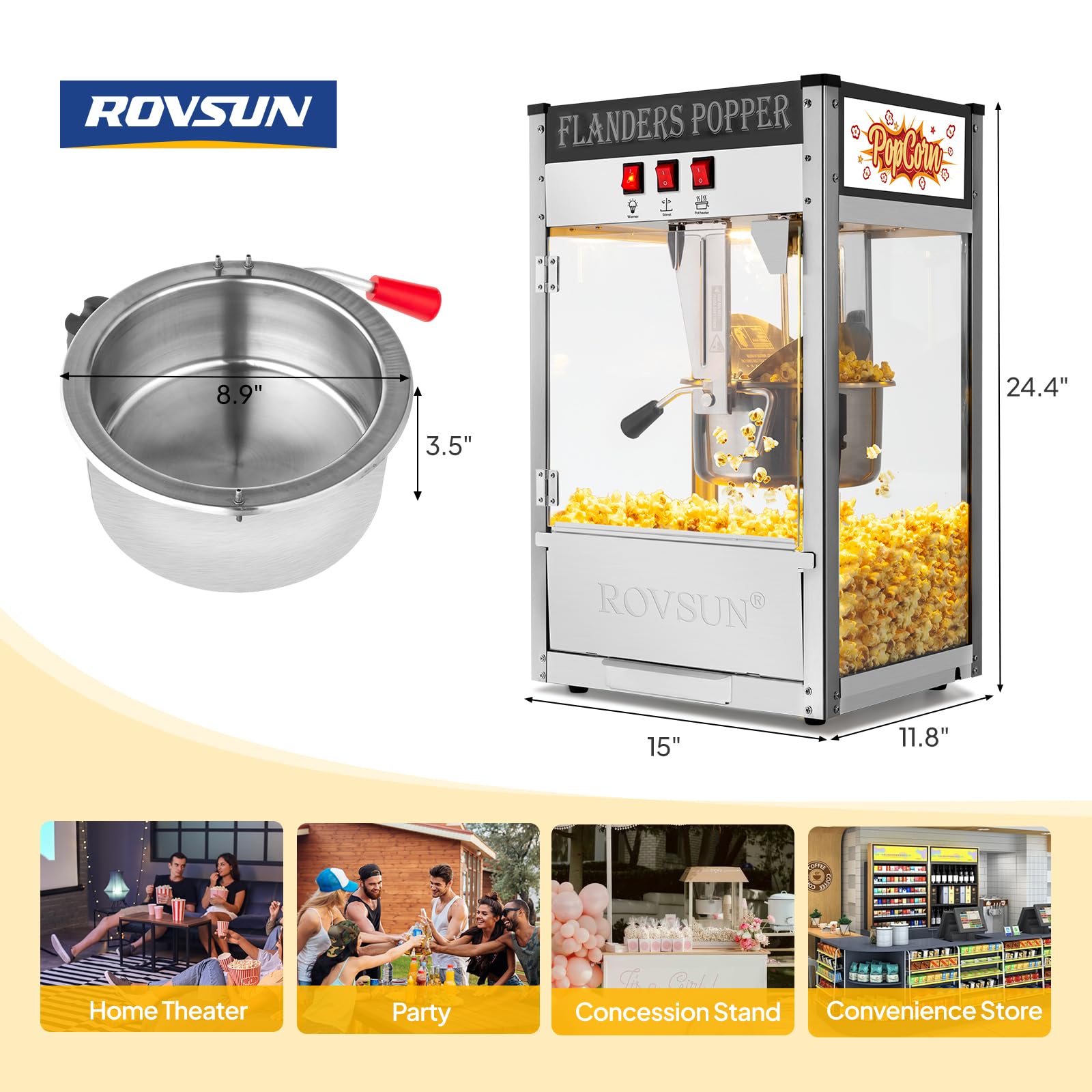 ROVSUN Commercial Popcorn Machine - 10oz Kettle Makes 4 Gallons, Countertop Popcorn Popper with Stainless Steel Scoop, Oil Spoon & 3 Cups - Perfect for Movie Nights, Parties, and Concession Stands (Black)
