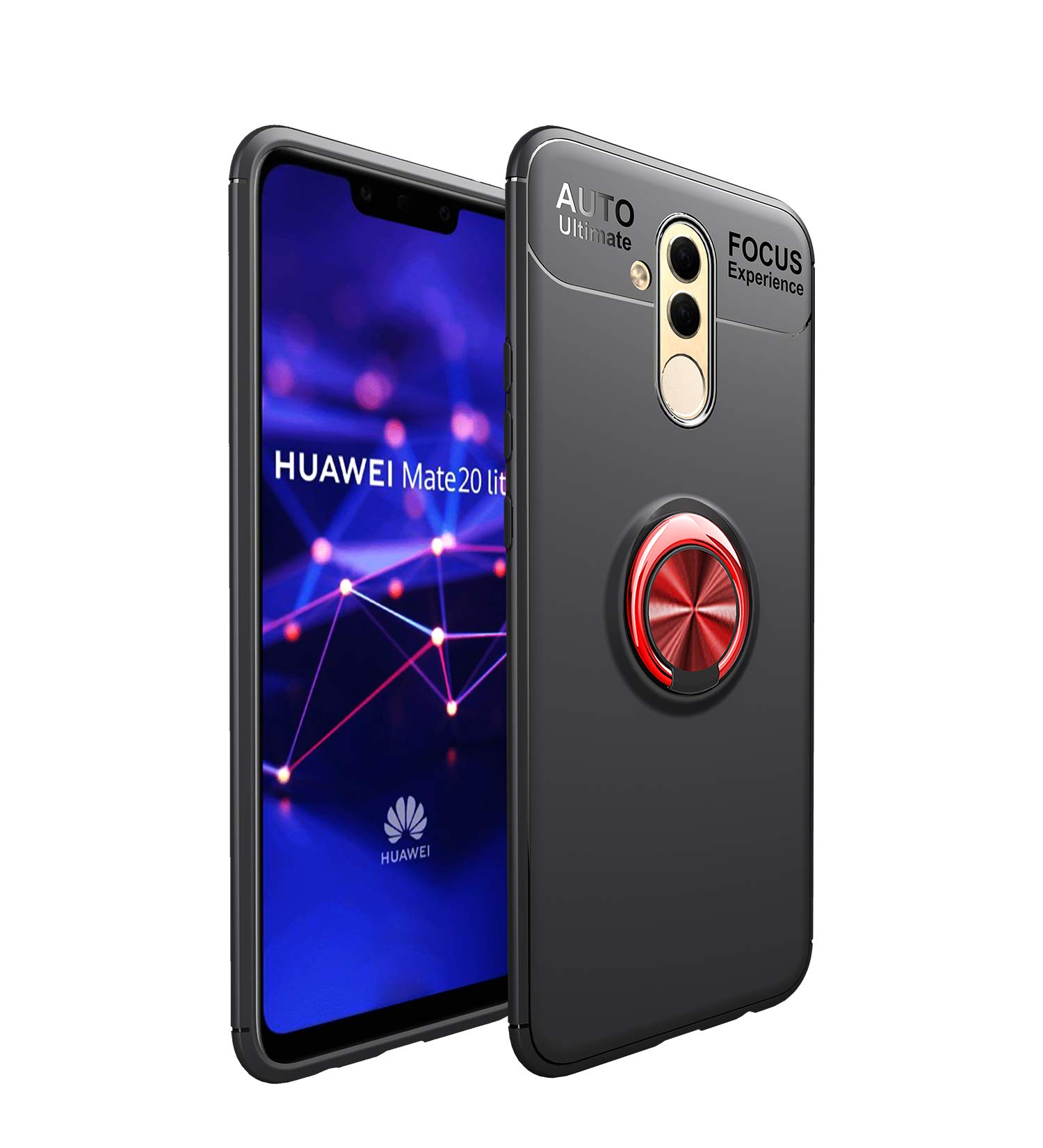 Huawei Mate 20 Lite Case with Rotatable Metal Ring Kickstand & Magnetic Car Mount - Shockproof Anti-Scratch Ultra-Slim Protective Cover (Red+Black) - Perfect for Work, Travel & Daily Use
