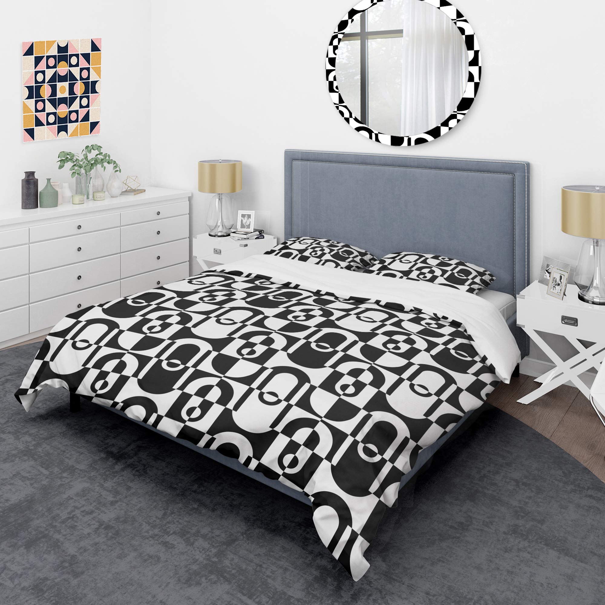 DesignQ Monochrome Geometric Pattern VIII Mid-Century Modern Duvet Cover Set - King Size Black Bedding (3-Piece) | All-Season Luxury Bedding for Master Bedroom & Guest Room Decor