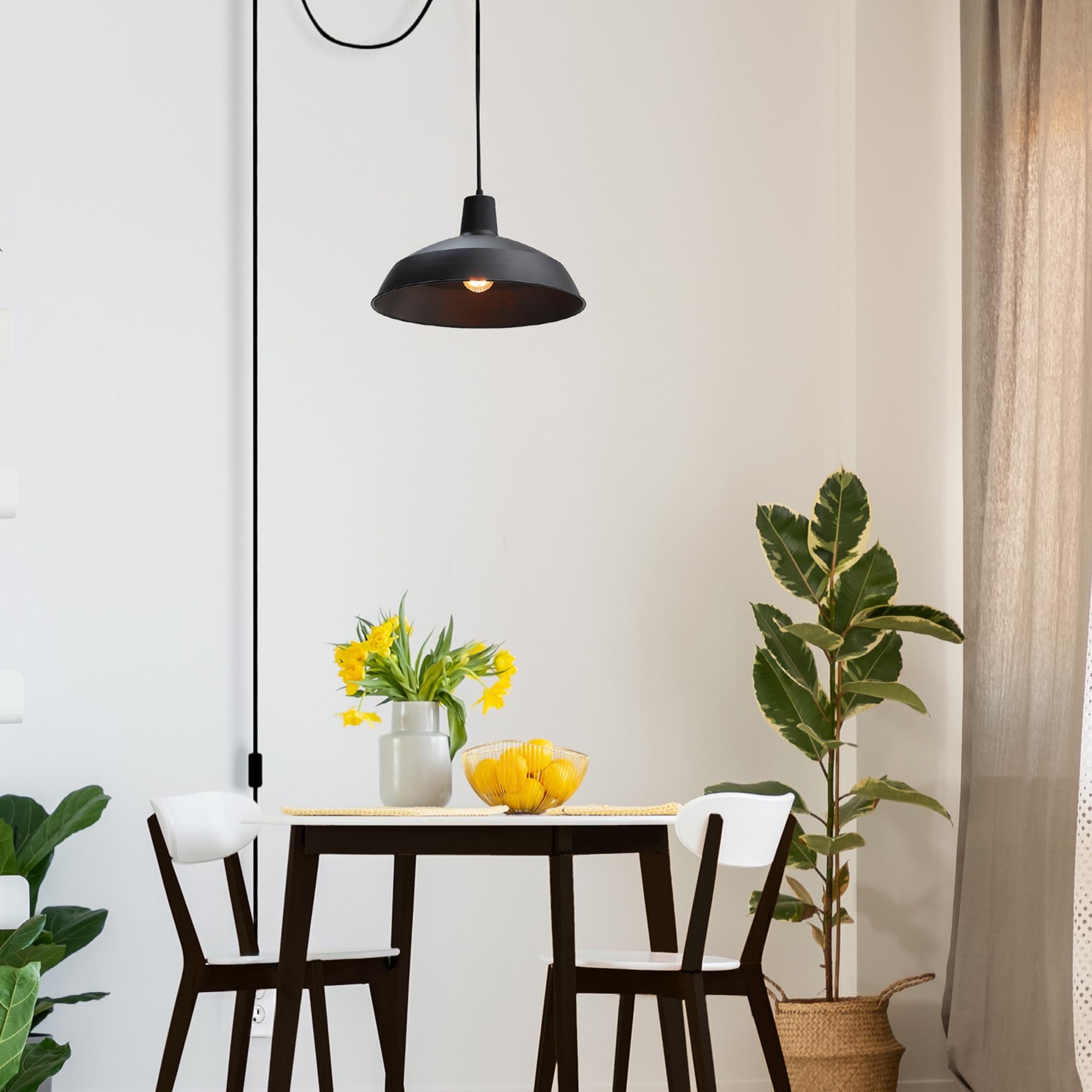 Globe Electric 65151 15ft Black Cord Plug-in Pendant Light with In-Line On/Off Switch - Matte Black Hanging Lamp for Kitchen Island, Dining Room, or Bedroom Ceiling Lighting