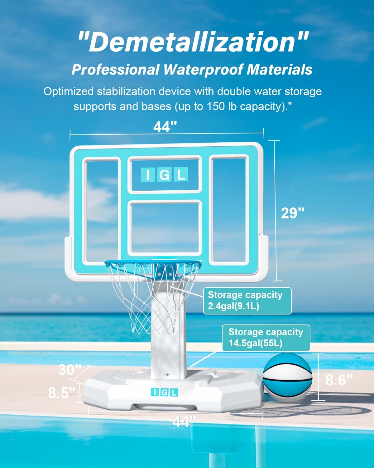 IGL Outdoor Pool Basketball Hoop - Stainless Steel Rim with Double Water Storage Base, Includes 2 Balls & Inflator - Perfect for Backyard, Poolside, and Beach Fun - Fixed Height Basketball Stand for Adults and Kids