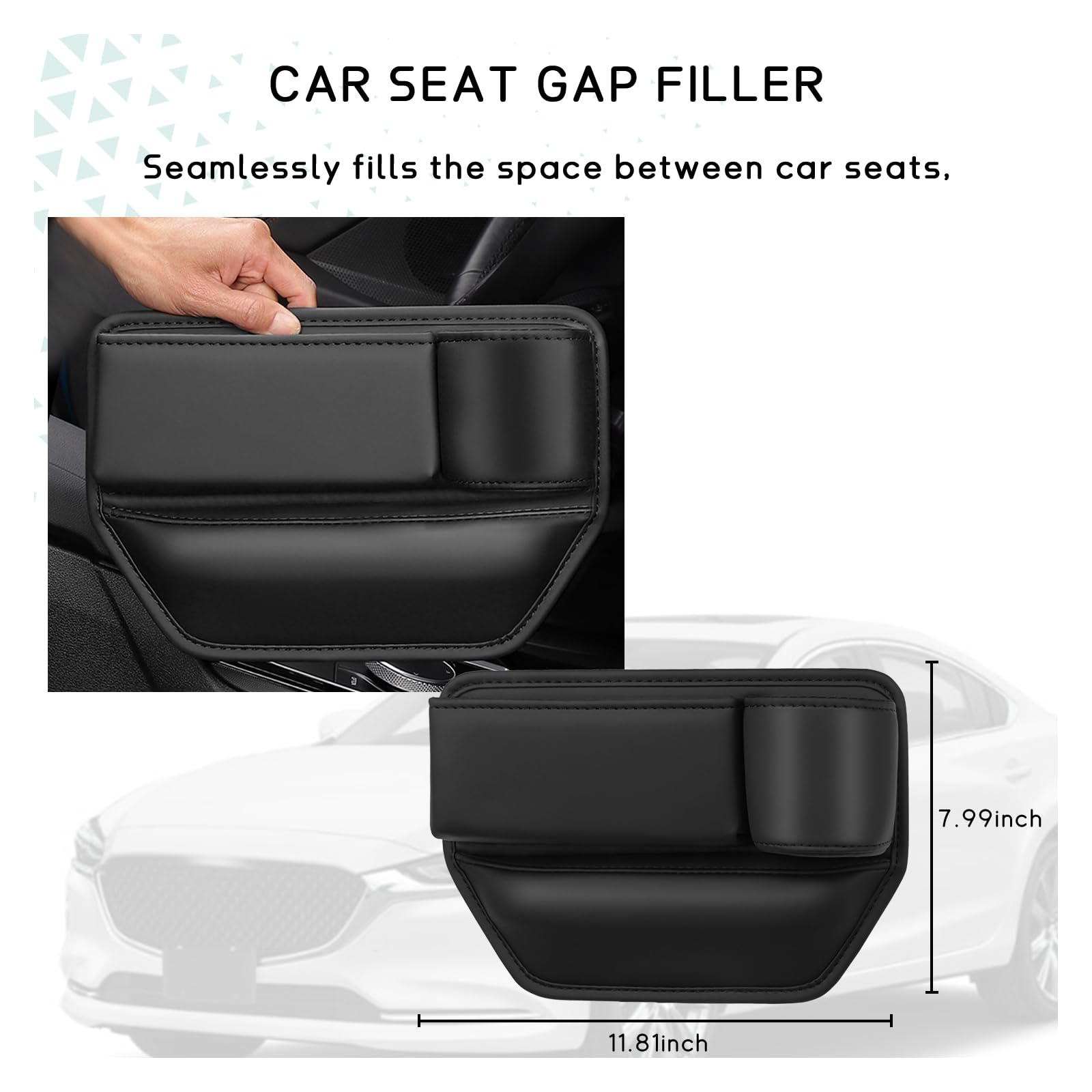 Premium Leather Car Seat Gap Filler - Adjustable Front Seat Storage Organizer for Phones, Glasses, Keys & Cards | Universal Vehicle Accessories for Most Cars (Black) | Perfect for Road Trips & Daily Commutes