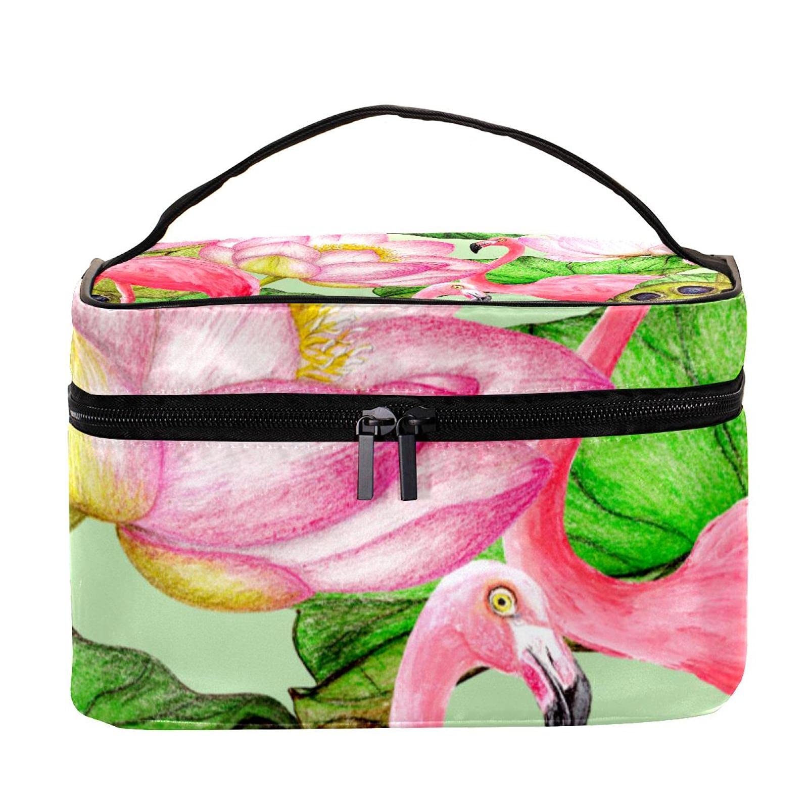 Hand Drawn Flamingo & Lotus Floral Travel Makeup Bag - Large Waterproof Cosmetic Organizer with Zipper - Perfect for Women & Girls Travel, Gym, Beach & Daily Use