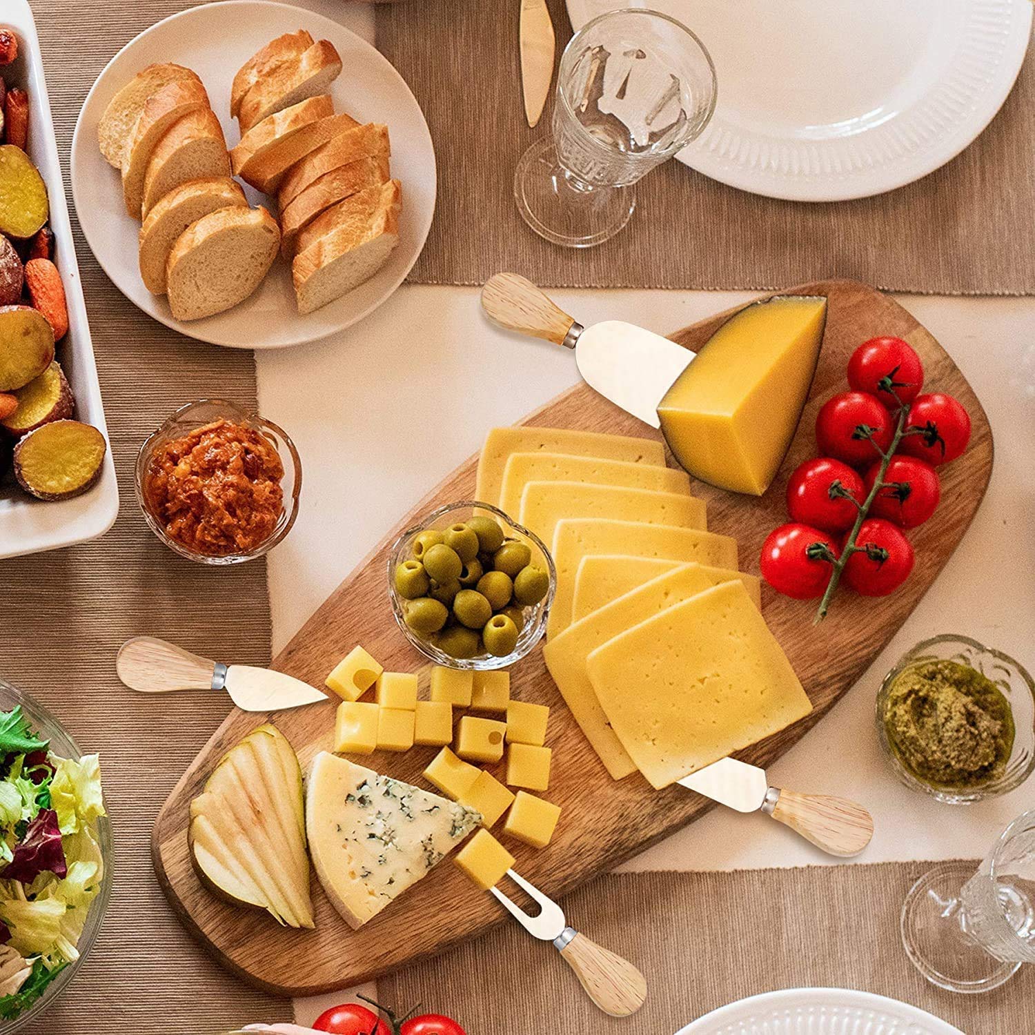 Premium Stainless Steel Cheese Knives Set with Wooden Handle - 4 Cheese Slicers & 4 Straws for Cheese Tasting - Perfect for Charcuterie Boards, Wine Parties & Gourmet Cheese Platters