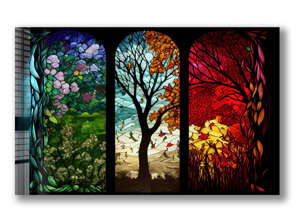 Seasons Stained Glass Effect Window Film - Decorative Privacy Film for Home & Office Windows - Perfect for Seasonal Decor, Sun Protection, and Enhancing Natural Light