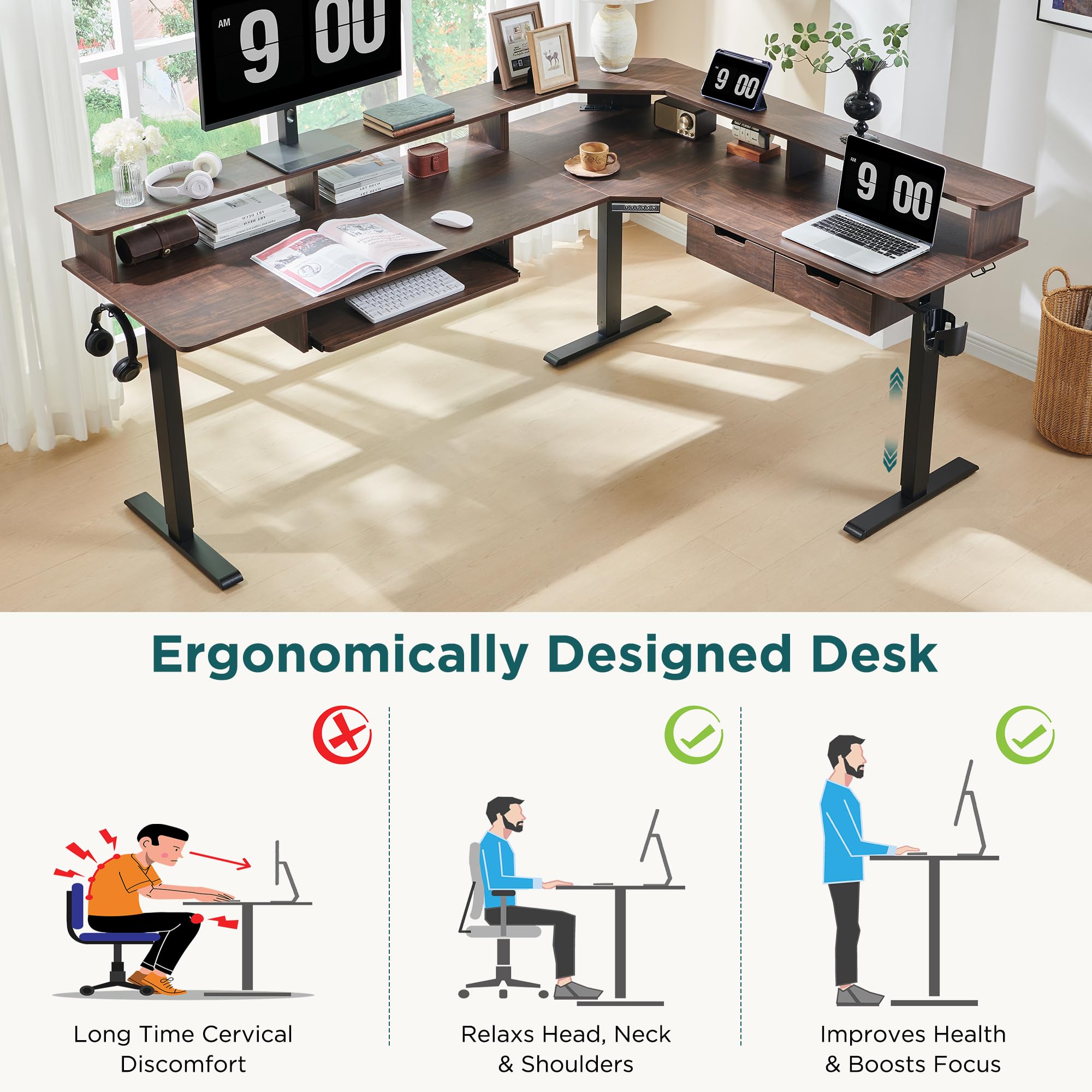 RedLemon 75X60 Inches L-Shaped Electric Standing Desk - Adjustable Height Corner Gaming Desk with Drawers, Keyboard Tray, Power Outlets & LED Lights - Computer Workstation with Monitor Shelf in Dark Walnut - Perfect for Home Office, Gaming Setup & Remote Work