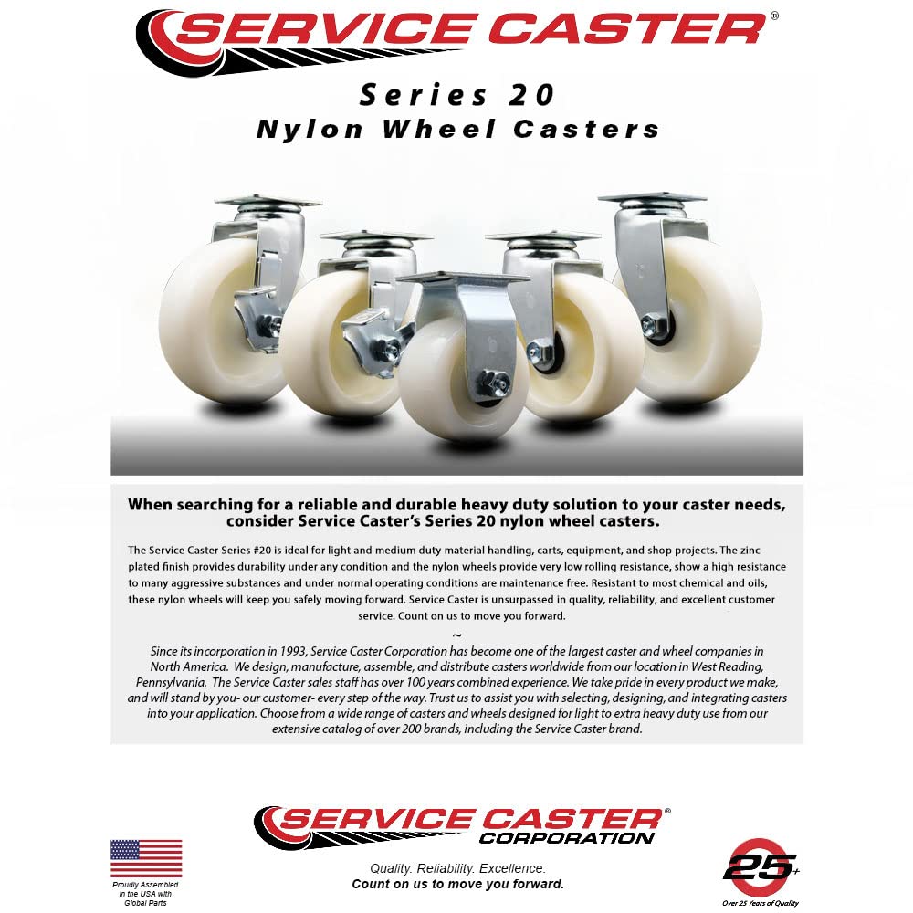 5 Inch White Nylon Wheel Swivel & Rigid Plate Caster Set with Ball Bearing - 1800 lbs Capacity (2 Locking Swivel + 2 Rigid Casters) by Service Caster - Perfect for Industrial Carts, Workbenches & Heavy-Duty Equipment