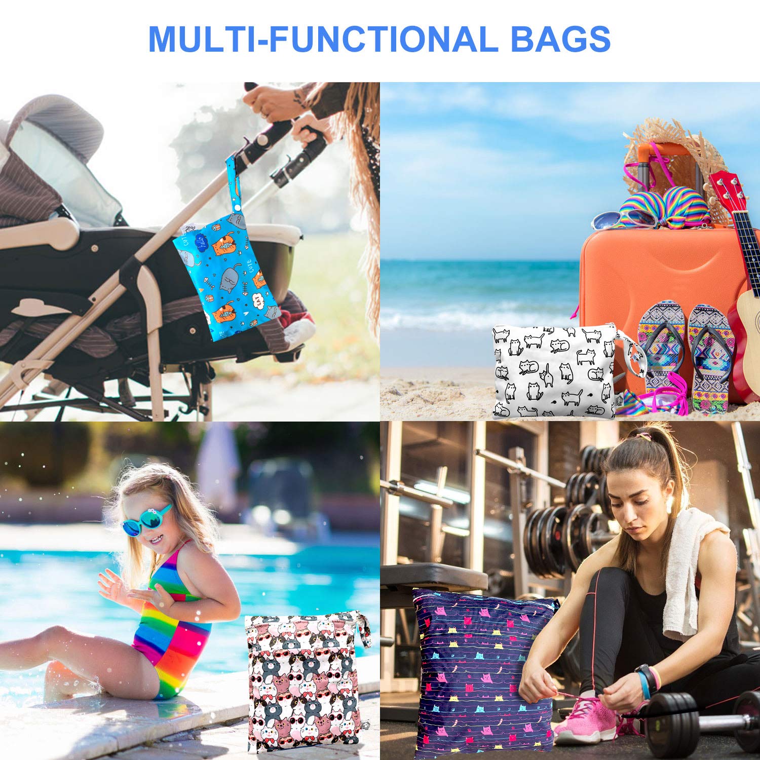 **4 Pack Waterproof Reusable Wet Bags – Diaper, Swimwear & Toiletries Organizer for Travel, Gym, Yoga & Stroller – Small, Medium, Large Sizes (Ideal for Baby, Pets & Sports)**