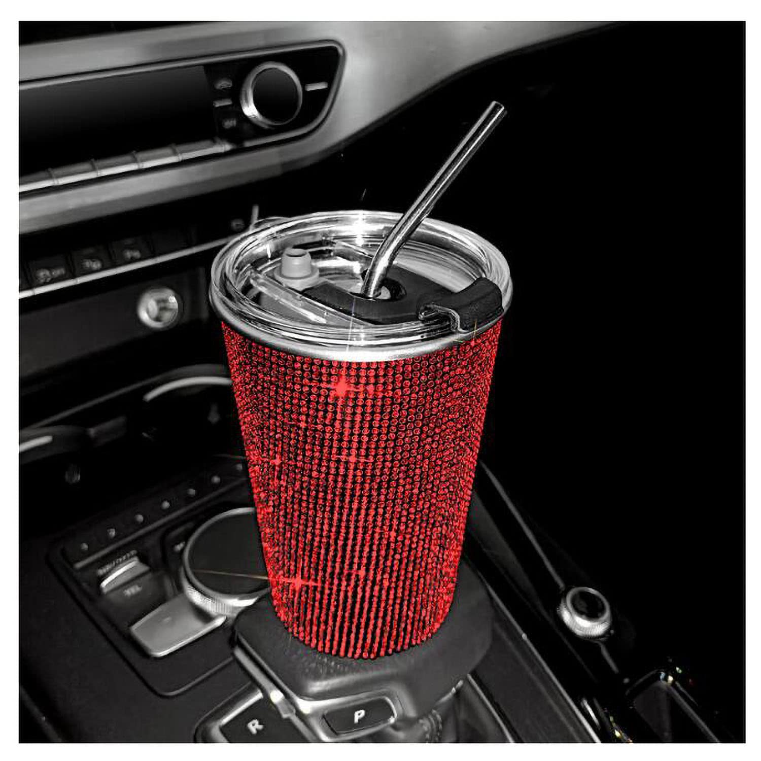 20oz Bling Stainless Steel Vacuum Insulated Tumbler with Rhinestones, Lid & Straw - Hot & Cold Thermal Travel Mug for Coffee, Tea, Water - Perfect for Office, Gym, Hiking & Car Commute - Red