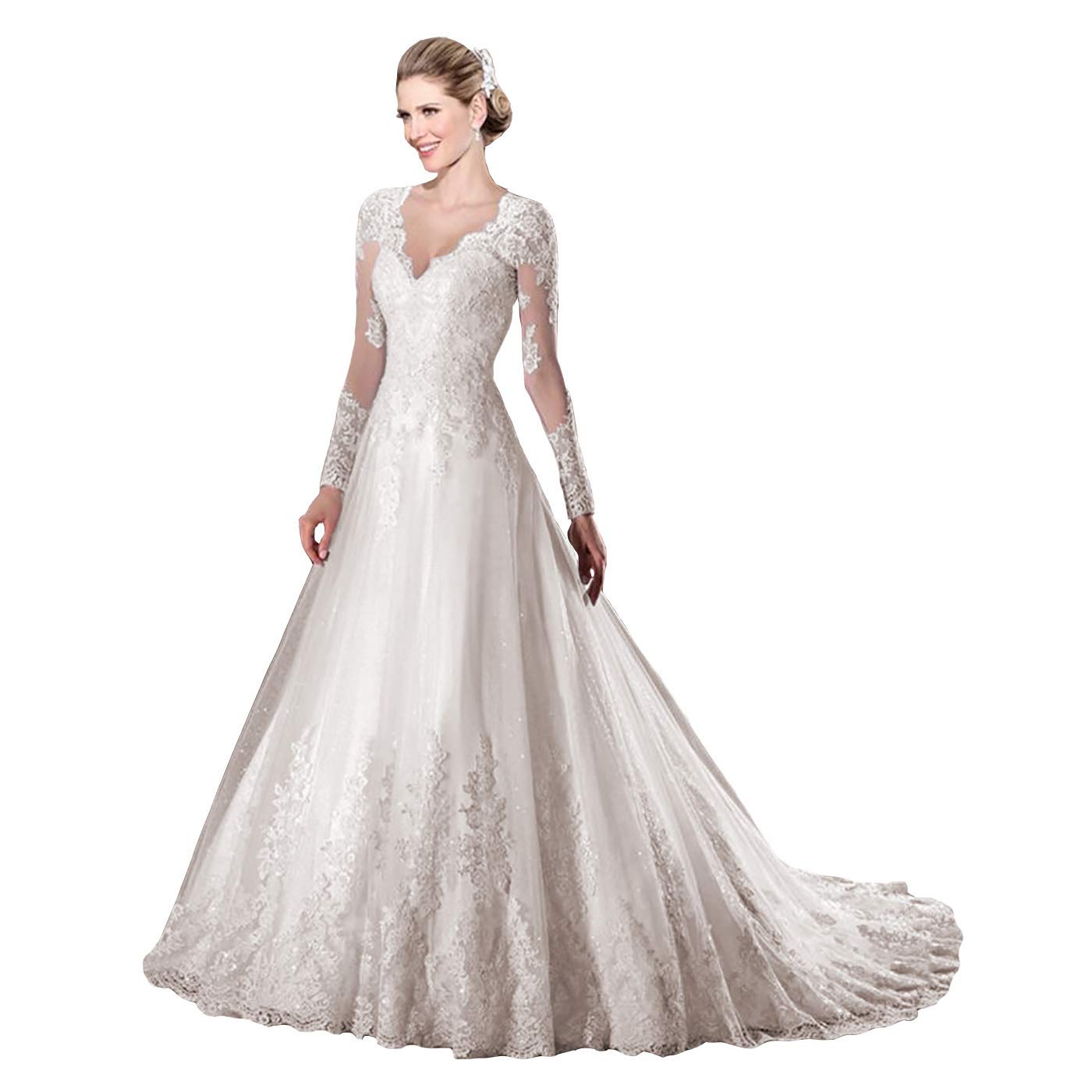 IVYPRECIOUS Vintage Lace Applique Wedding Dress - Transparent V-Neck Long Sleeve Backless Ball Gown for Bridal, Evening Gala & Formal Events