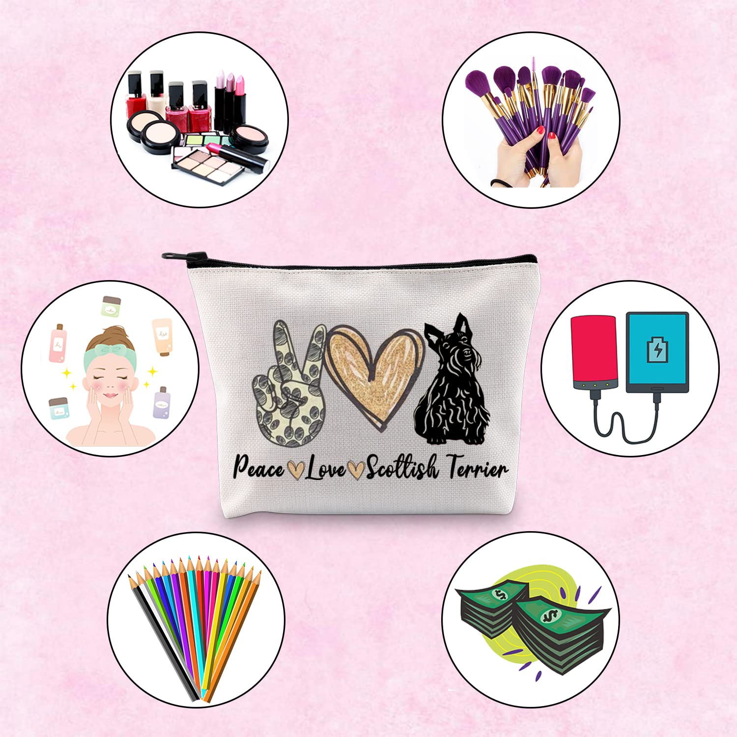 Scottish Terrier Themed Makeup Bag - Cute Puppy Gift for Dog Lovers, Beige | Perfect for Travel, Cosmetics Storage & Dog Mom Gifts