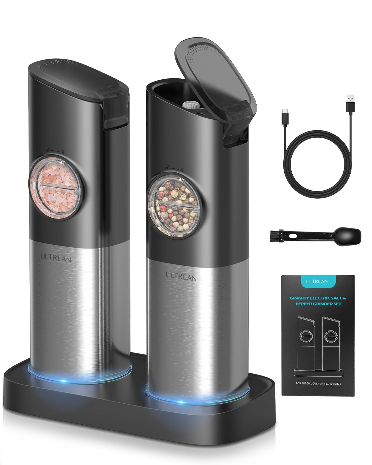 Ultrean USB Rechargeable Gravity Electric Salt and Pepper Grinder Set - Adjustable Coarseness, One-Hand Operation, Stainless Steel - Perfect for Kitchen, Dining Table & Outdoor BBQ